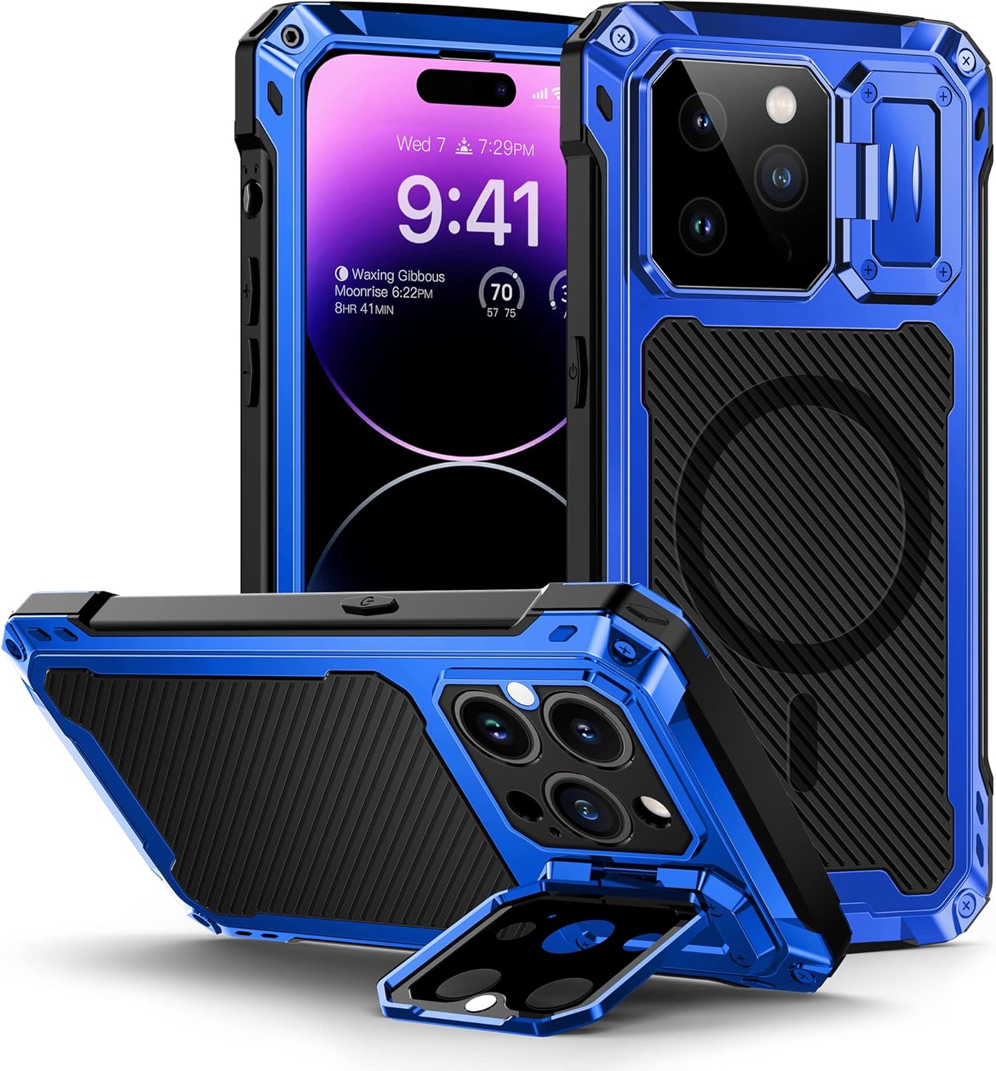 Lanhiem Funda de metal para iPhone 14 Pro Max, soporte de cámara integrado y protector de pantalla de vidrio templado protectora resistente de