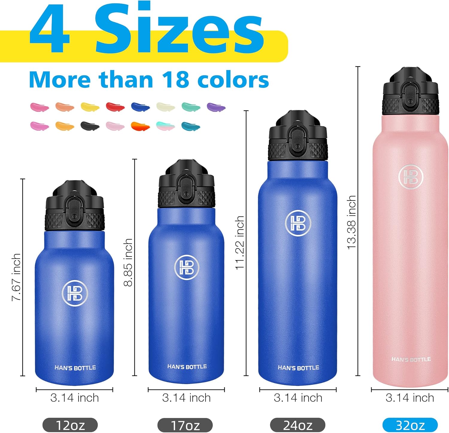 Han’s Bottle Botella de agua deportiva de 32 onzas, tapa con pajilla, a prueba de fugas, acero inoxidable aislado al vacío, doble pared, taza