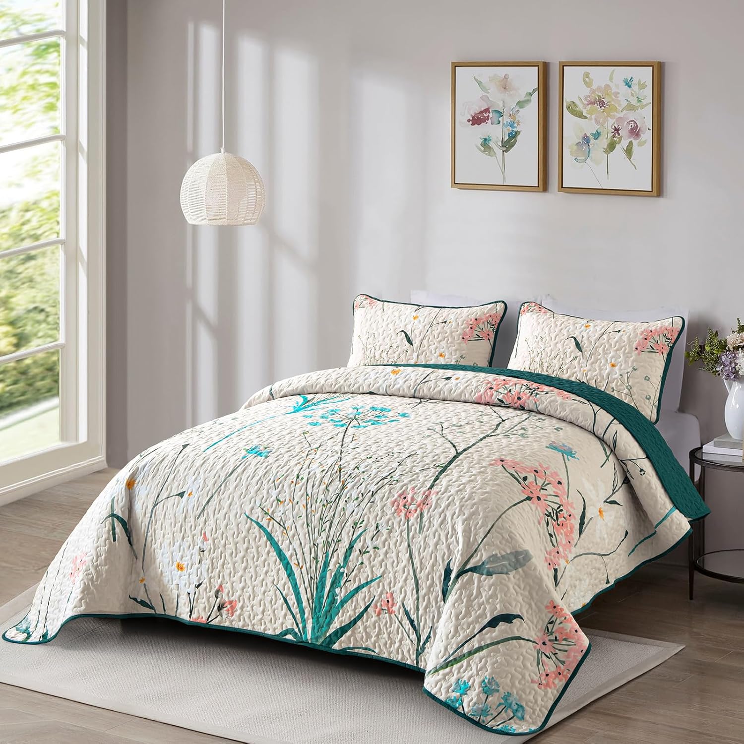 Juego de edredón floral tamaño Queen, juego de colcha botánica beige de 3 piezas de microfibra suave y ligera para todas las estaciones, 96 x 90