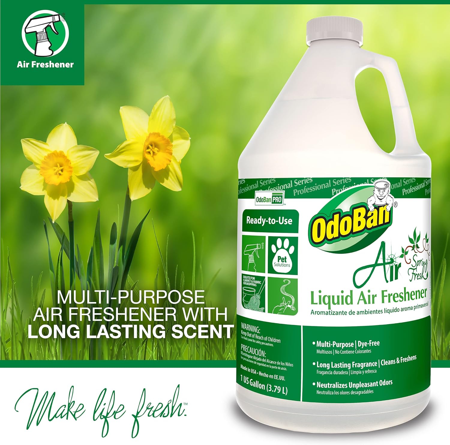 OdoBan Professional Series – Ambientador líquido listo para usar, paquete de 2, 1 galón cada uno, aroma fresco de primavera transparente