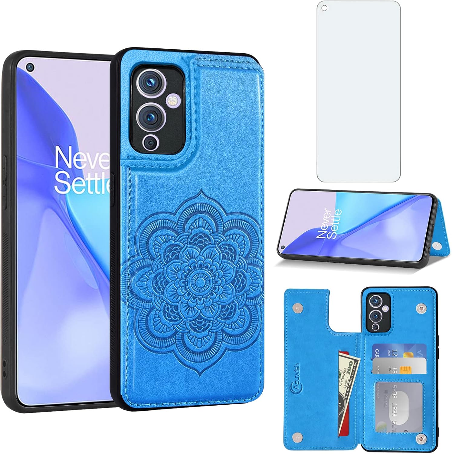 Asuwish Funda de teléfono para OnePlus 9 OnePlus9 5G Funda tipo cartera con protector de pantalla de vidrio templado y soporte para tarjetas de