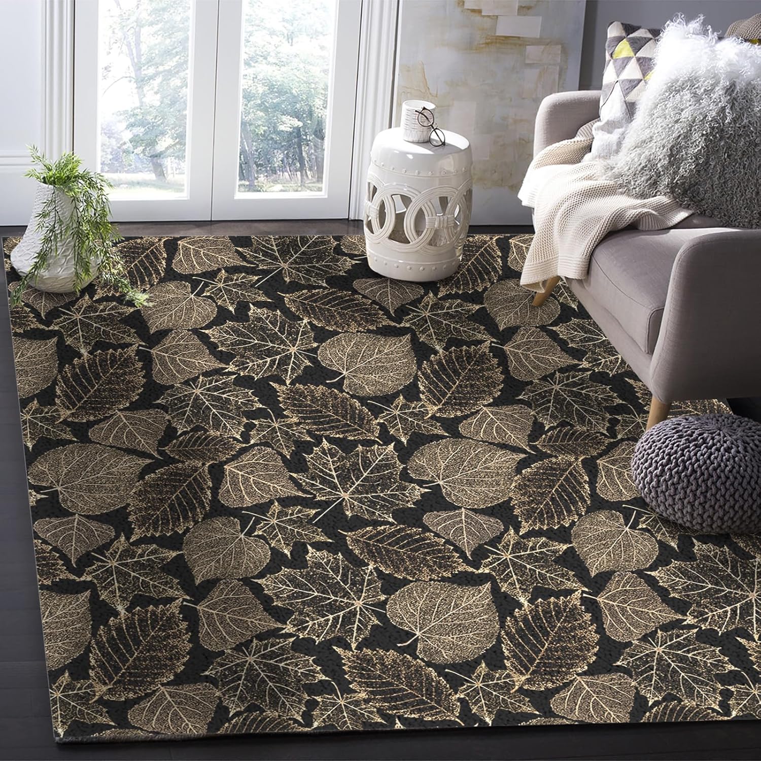 Alfombras de área de otoño para interiores, textura de hojas de arce, telón de fondo negro, moderno, de lujo, ultra suave, cómodo, antideslizante,