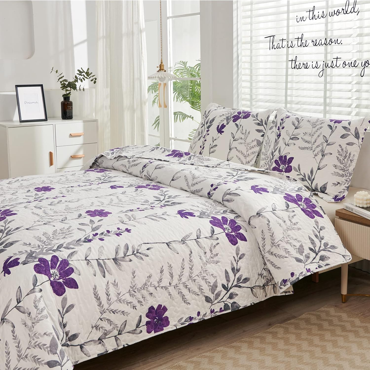 Colchas de cama con estampado floral, tamaño King, color morado y gris, colcha de hojas transpirable, cubrecama bontánica, manta de microfibra