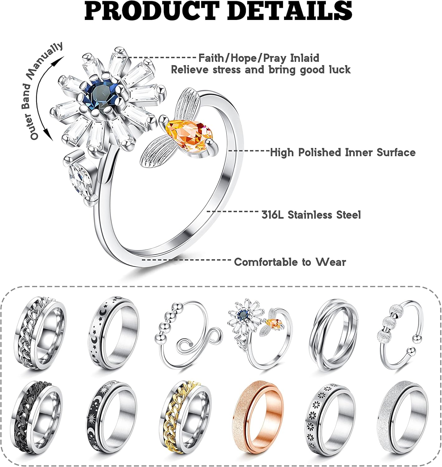FASACCO Anillo giratorio para la ansiedad, anillo giratorio para la ansiedad
