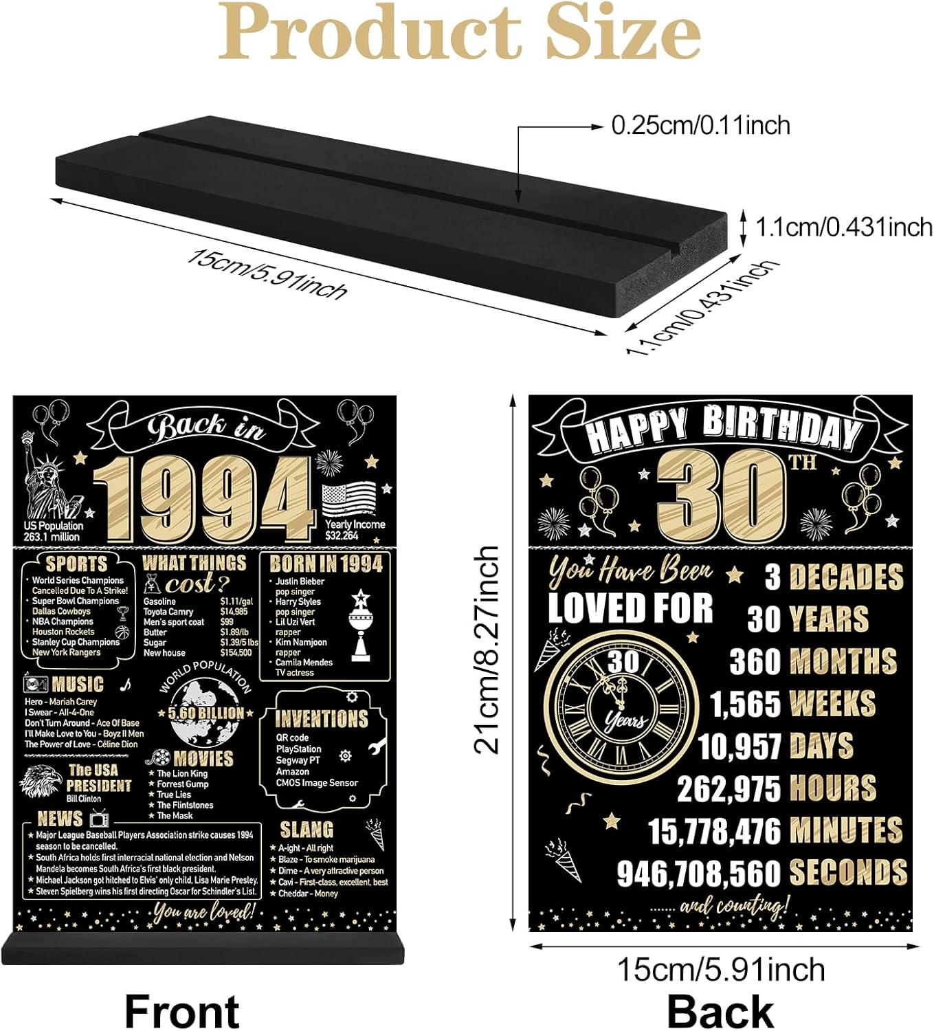 Letrero de mesa de 30 cumpleaños con texto en inglés “Back in 1994” para hombres y mujeres, póster de mesa de madera de dos caras con soporte para