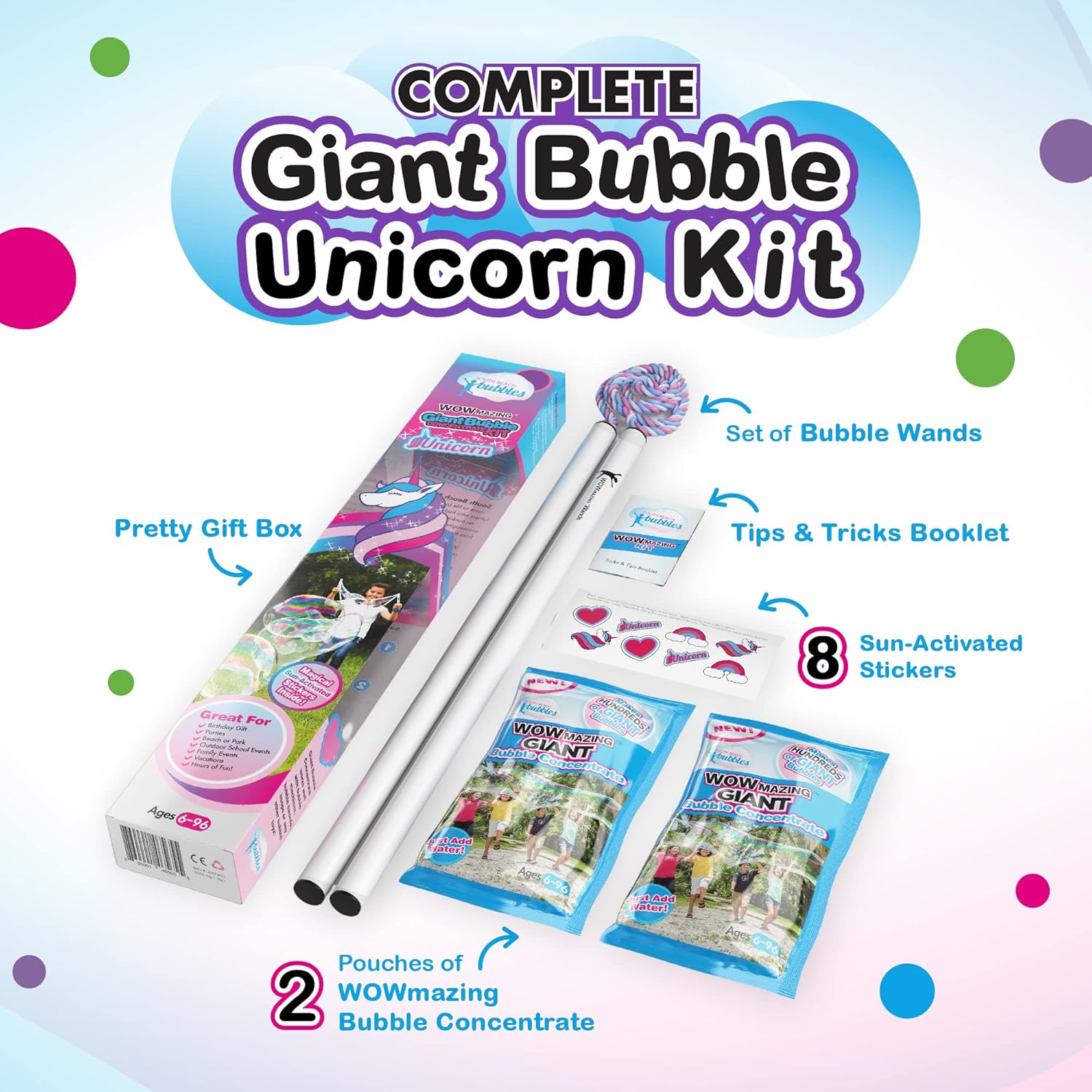 WOWMAZING – Kit de burbujas gigantes Unicornio, incluye varita, 2 bolsas de concentrado de burbujas grandes y 8 calcomanías mágicas activadas por