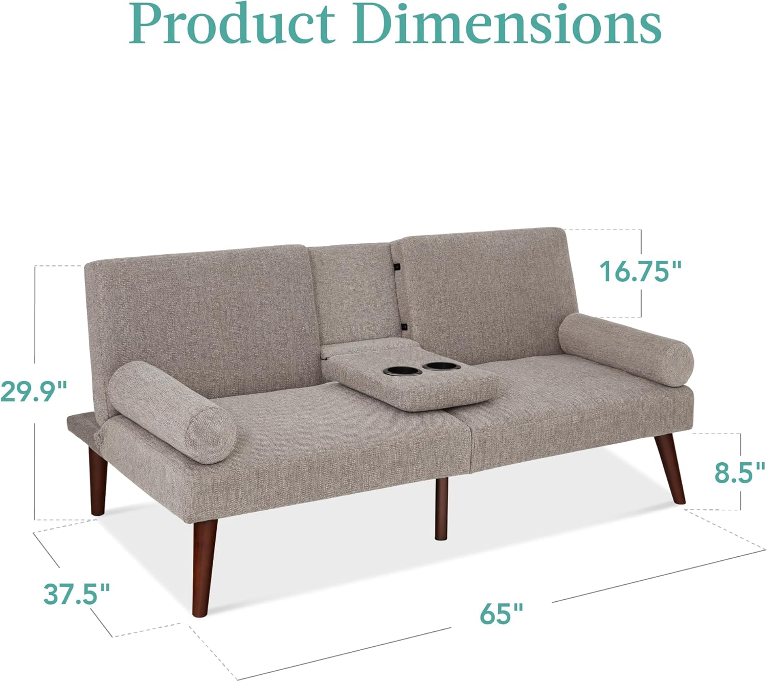 Best Choice Products Mid-Century – Futón tapizado moderno, sofá cama plegable convertible, sofá pequeño con reposabrazos redondeados, 2 portavasos,