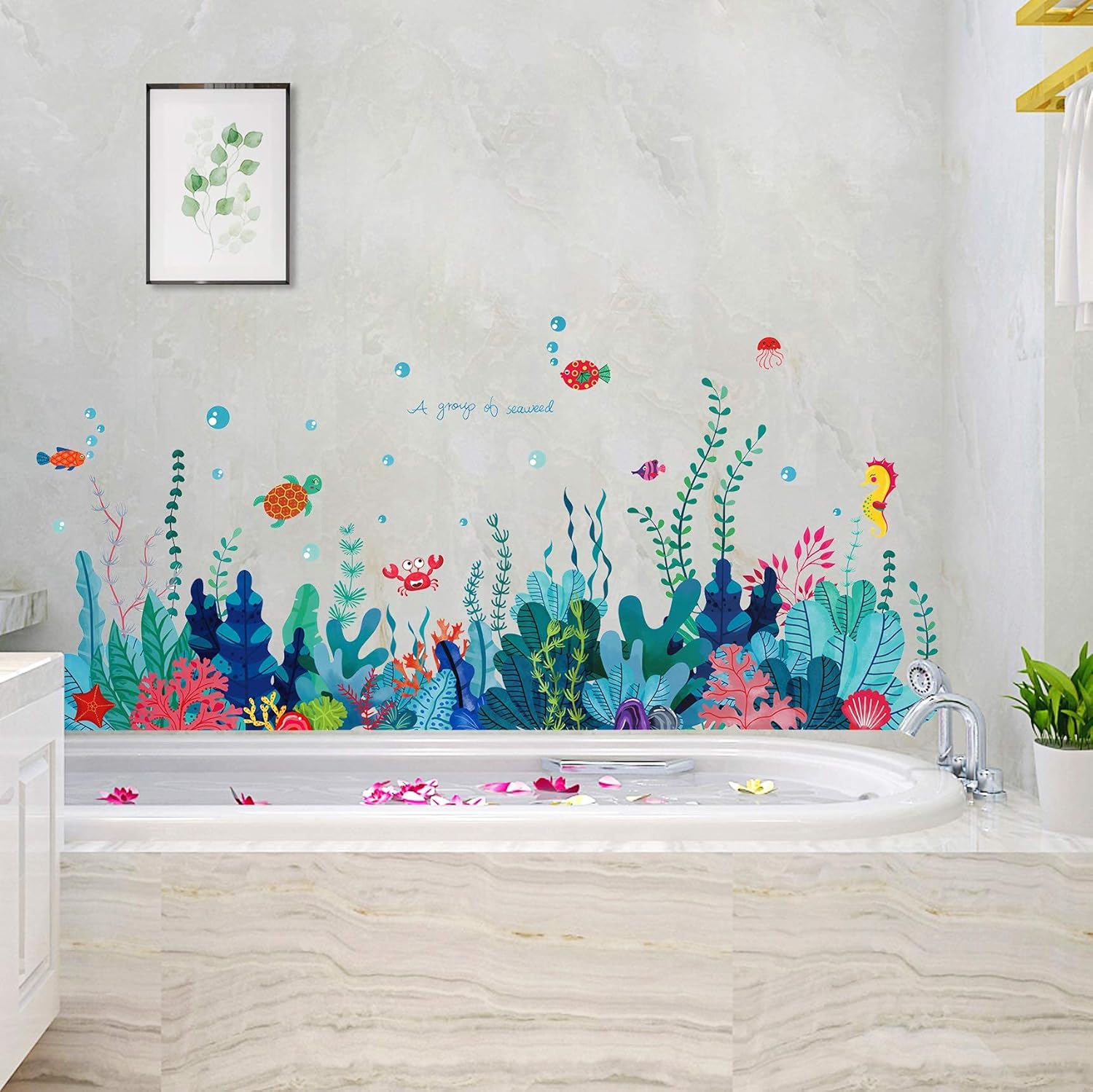 RW – 6794 – Adhesivo de pared extraíble 3D bajo el mar con vista al mar, calcomanías de pared de algas marinas coral océano, murales para despegar y