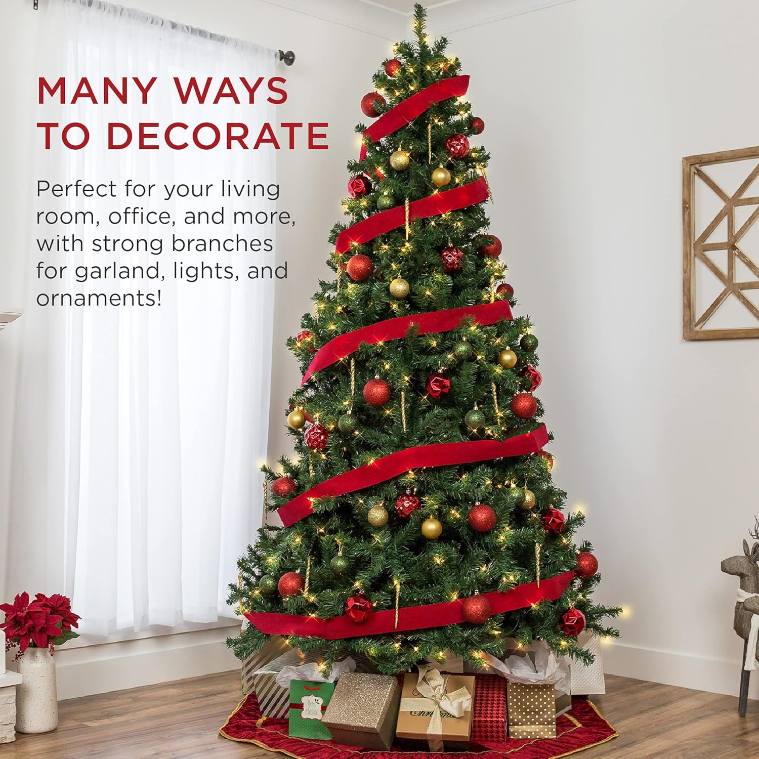 Best Choice Products. Árbol de Navidad artificial con bisagras con luces incandescentes, soporte plegable, Metal Cloruro polivinílico, Verde, 6 pies