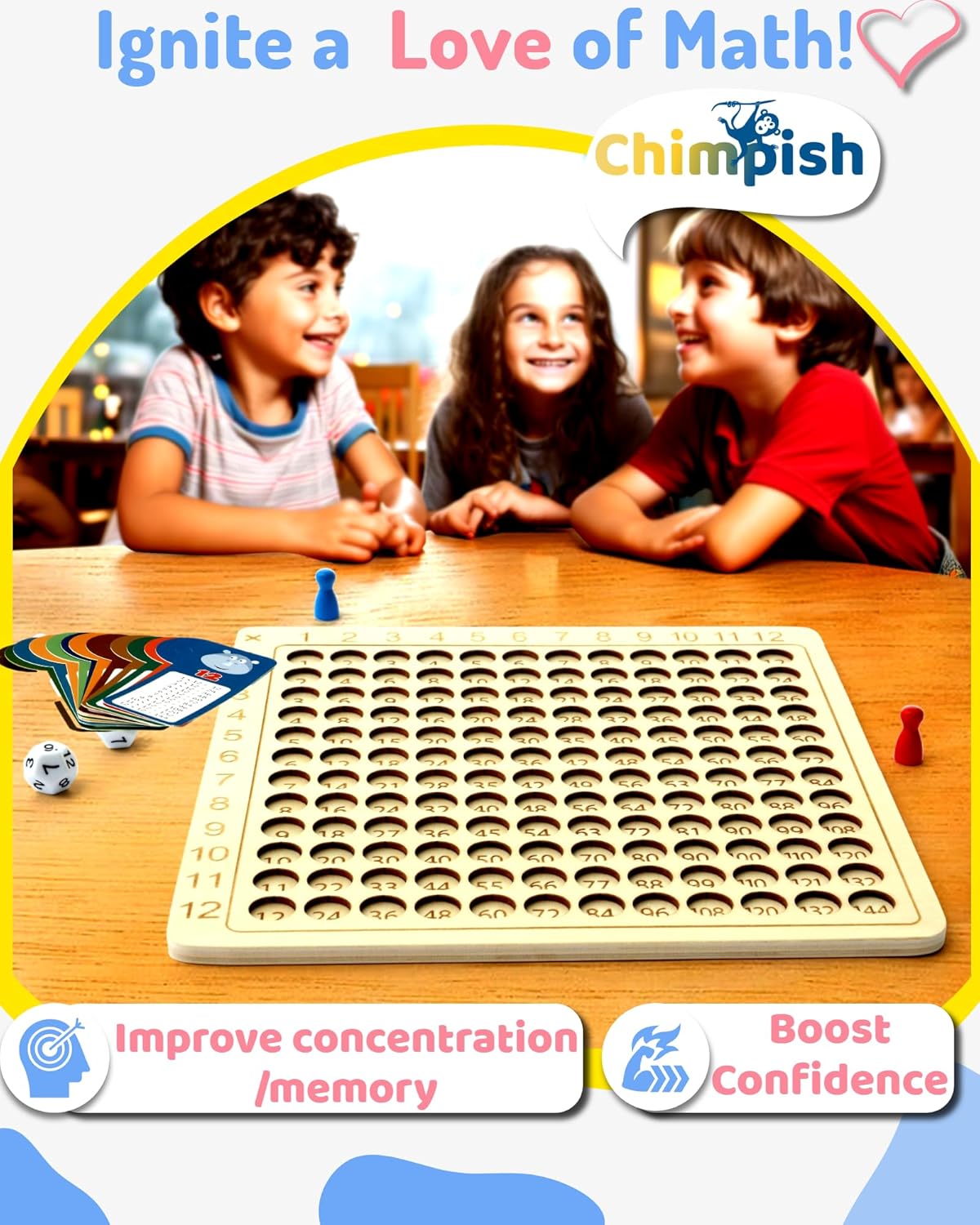 Juego de multiplicación, tablero de multiplicación Montessori, mesa de 12 x 12 veces, juego de mesa de multiplicación de madera de tamaño más grande