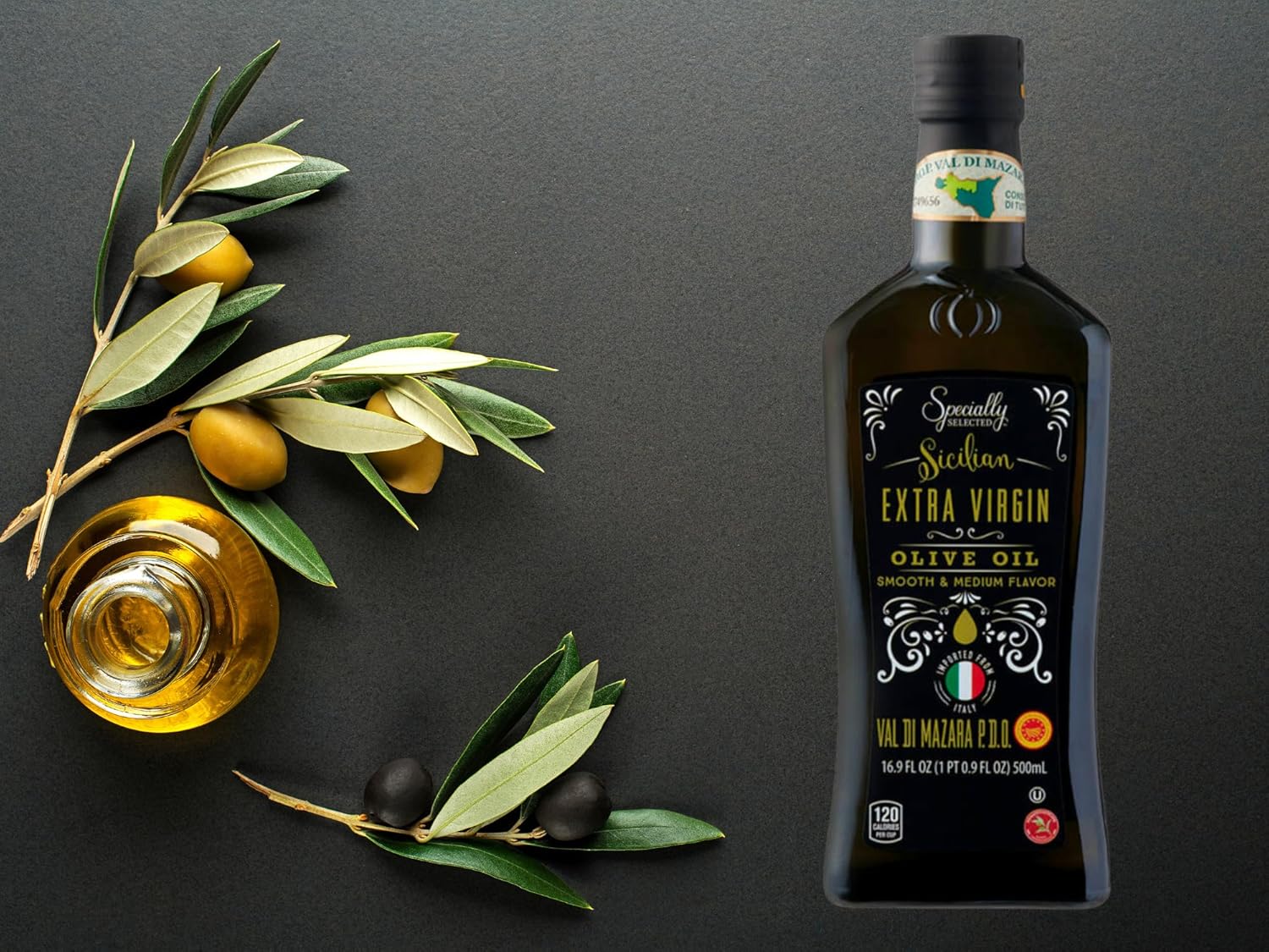 Aceite de oliva virgen extra siciliano, 16.9  Aceites de cocina especialmente seleccionados con bolsa ecológica  Sabor medio suave con aceitunas sin