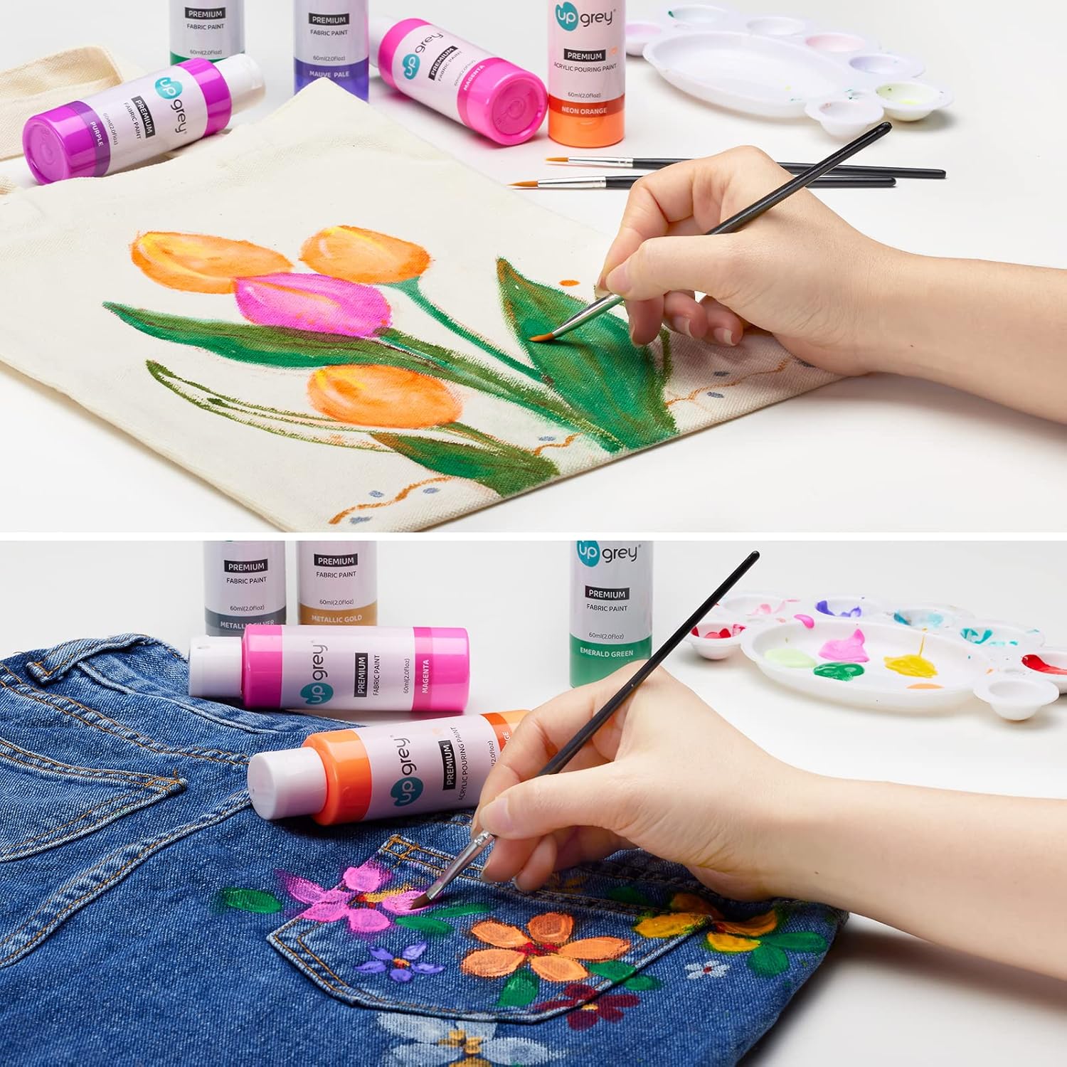 Juego de pintura de tela para ropa, 20 colores (2.0 fl oz2 oz cada uno) pintura textil permanente con 6 pinceles, 1 paleta, pintura de tela lavable,
