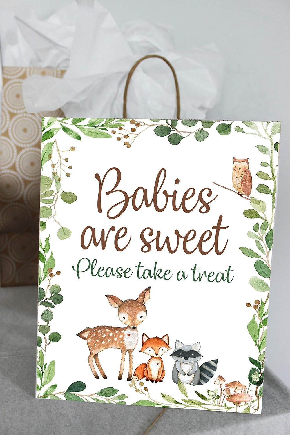 Set of 7 Woodland Baby shower signs, 5×7 and 8×10, woodland food, drinks, favors, welcome and guest book signs