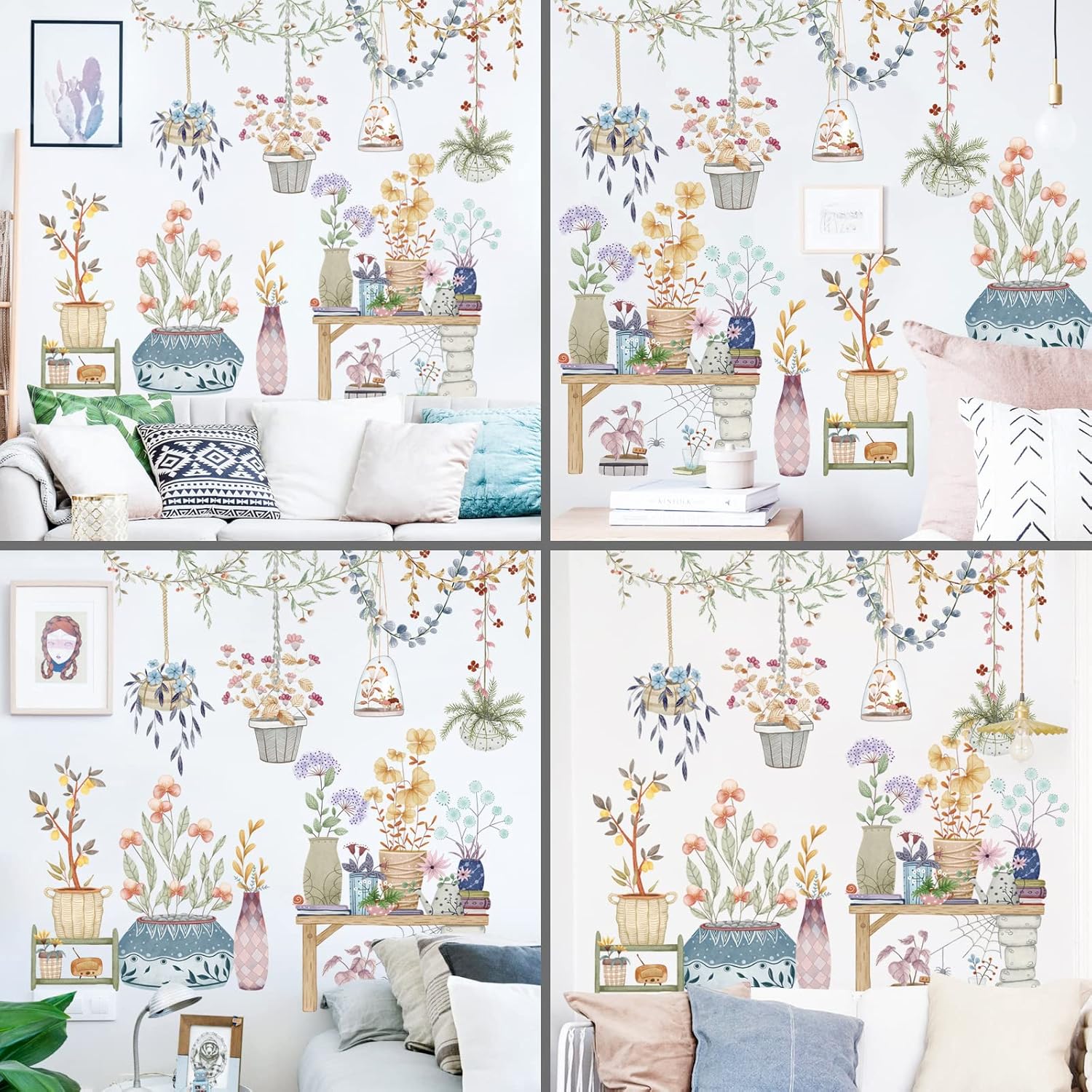 Calcomanías de pared extraíbles para colgar en macetas, calcomanías de pared de plantas coloridas, calcomanías de pared con colgante floral de