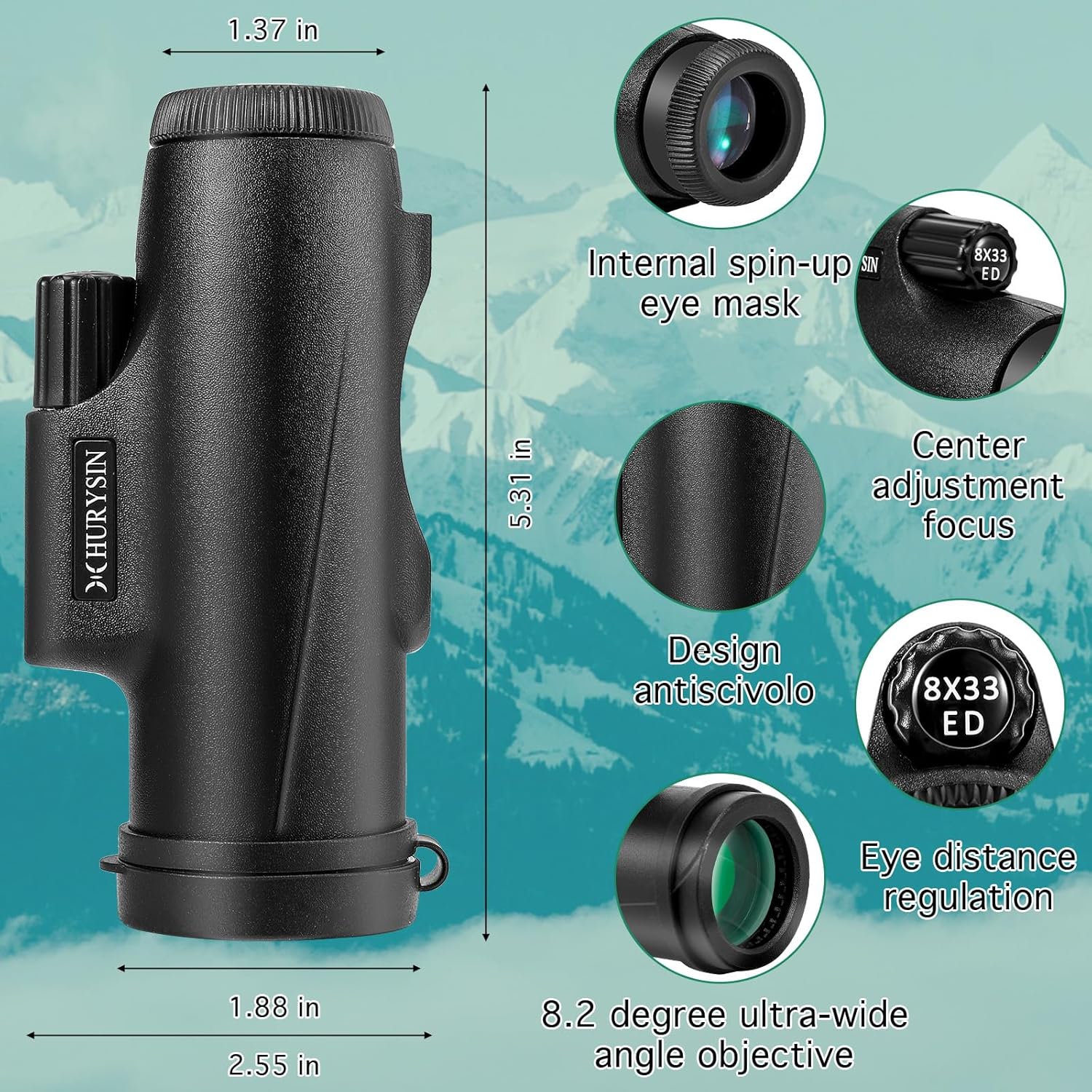 Monoculares HD 8X33 – Con sistema óptico HD, agarre mejorado, impermeable, a prueba de niebla, a prueba de golpes, completo con GlassPak –