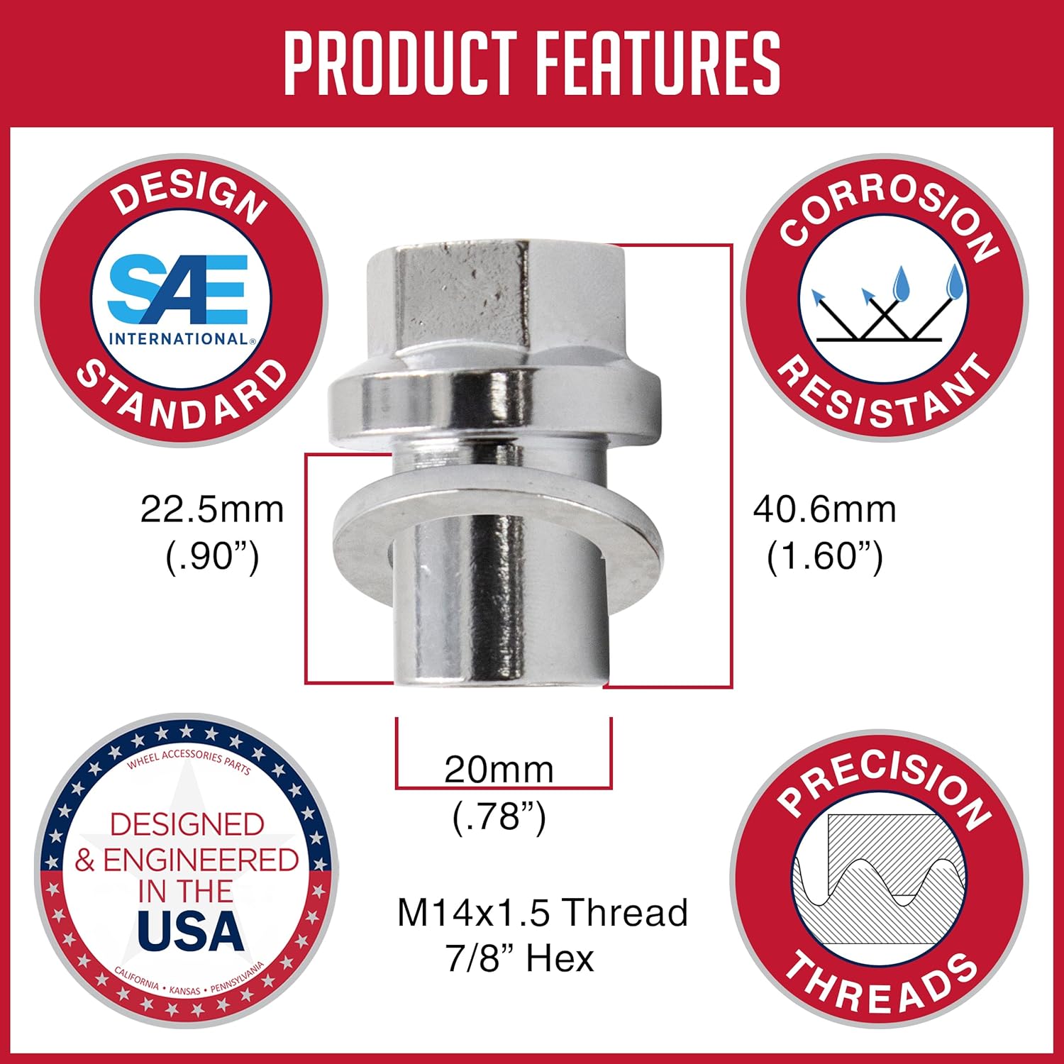 Wheel Accessories Parts 20 piezas de rosca de 0.551 in 1.50 14×1.50  RRD000011  Tuercas de llanta estilo OEM de 1.60 pulgadas de largo, cromadas 78