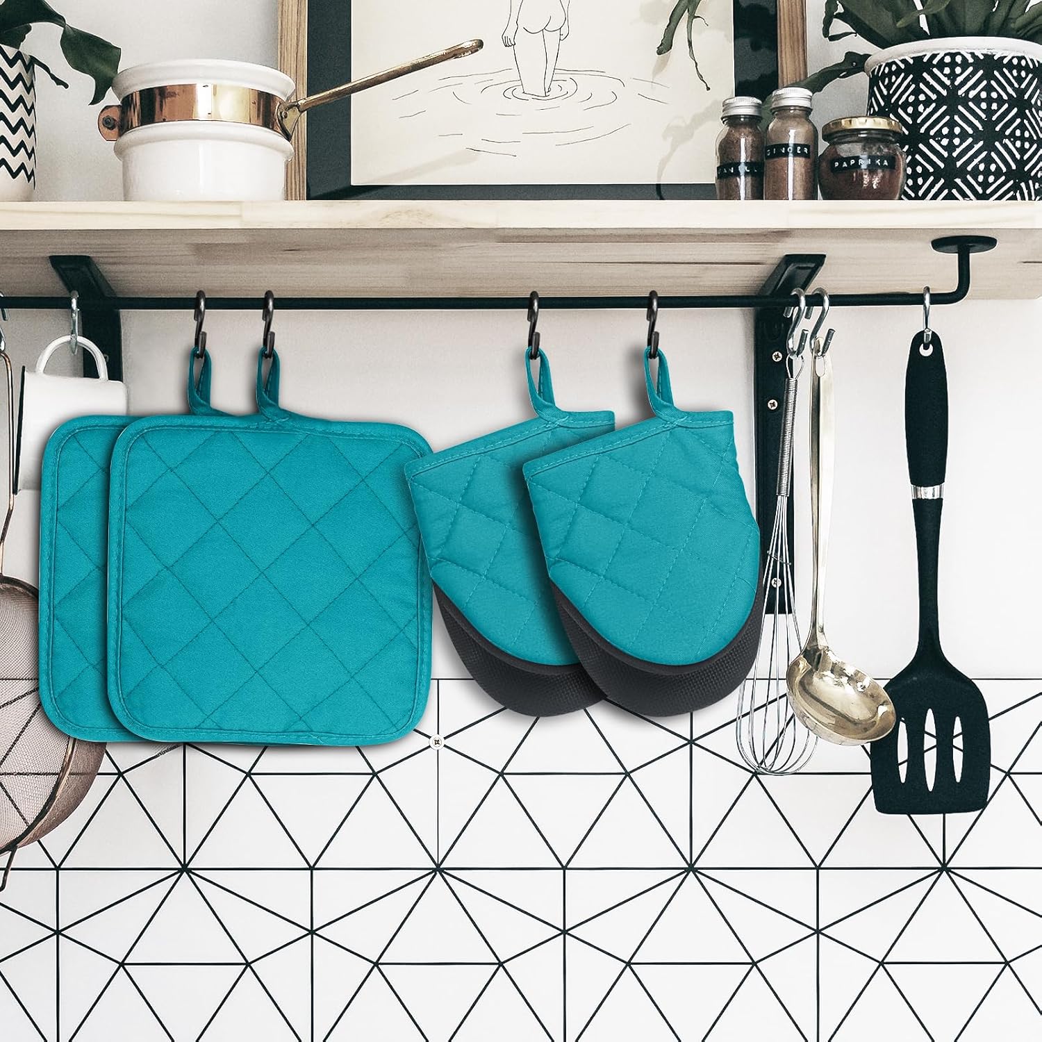 Juego de 4 manoplas de horno y soportes para ollas, mini guantes de cocina de silicona resistentes al calor para 500 grados, mini guantes de horno y