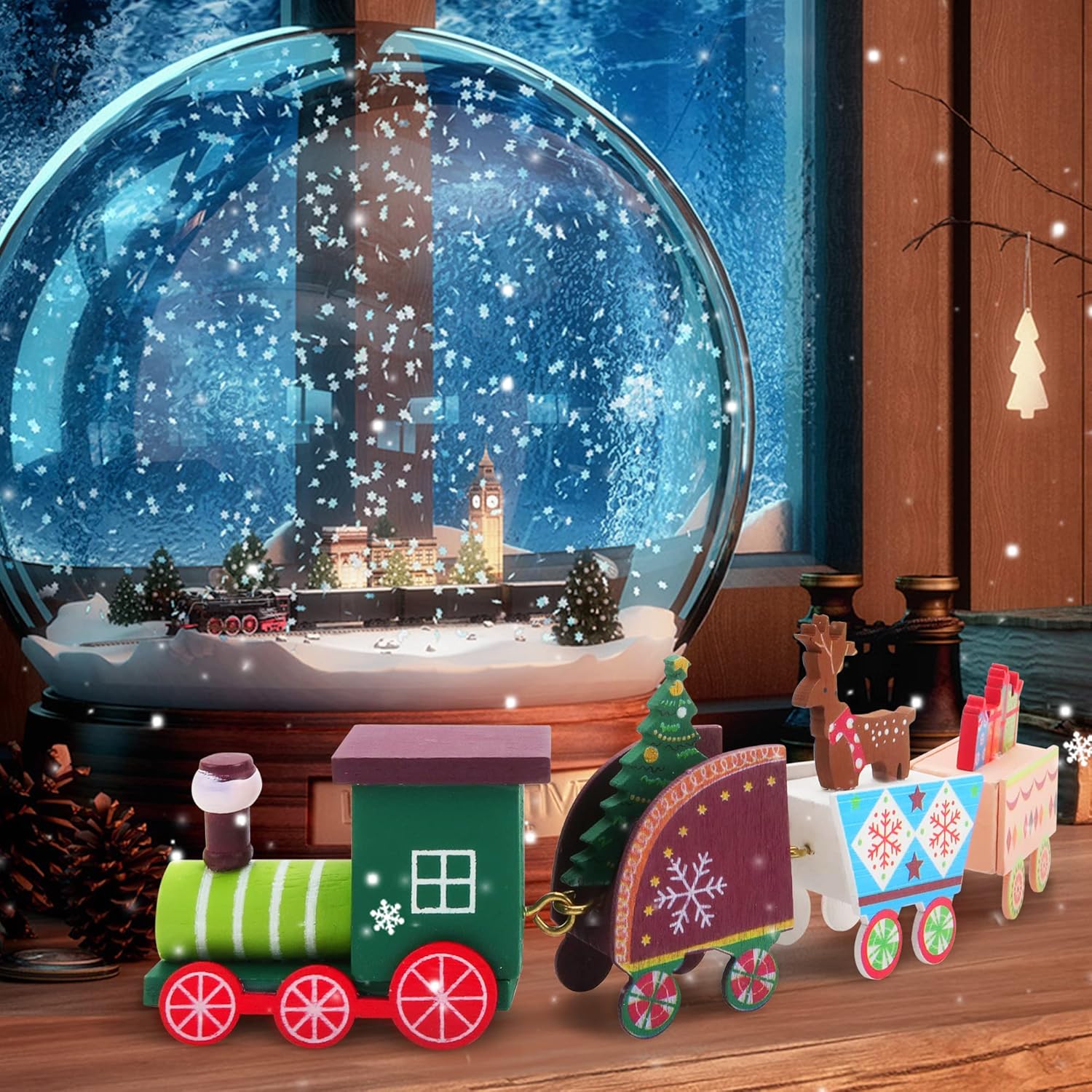2 adornos de tren de madera de Navidad, mini decoración de tren pintado, juguetes de regalo para niños, adorno de mesa de Navidad para fiesta de