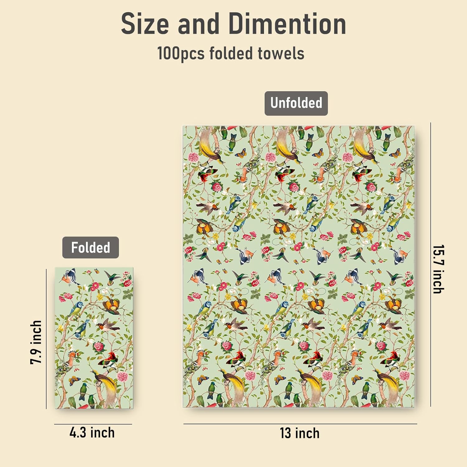 100 toallas de mano desechables, servilletas de papel vintage con diseño floral de pájaro de acuarela, servilletas de invitados con flores