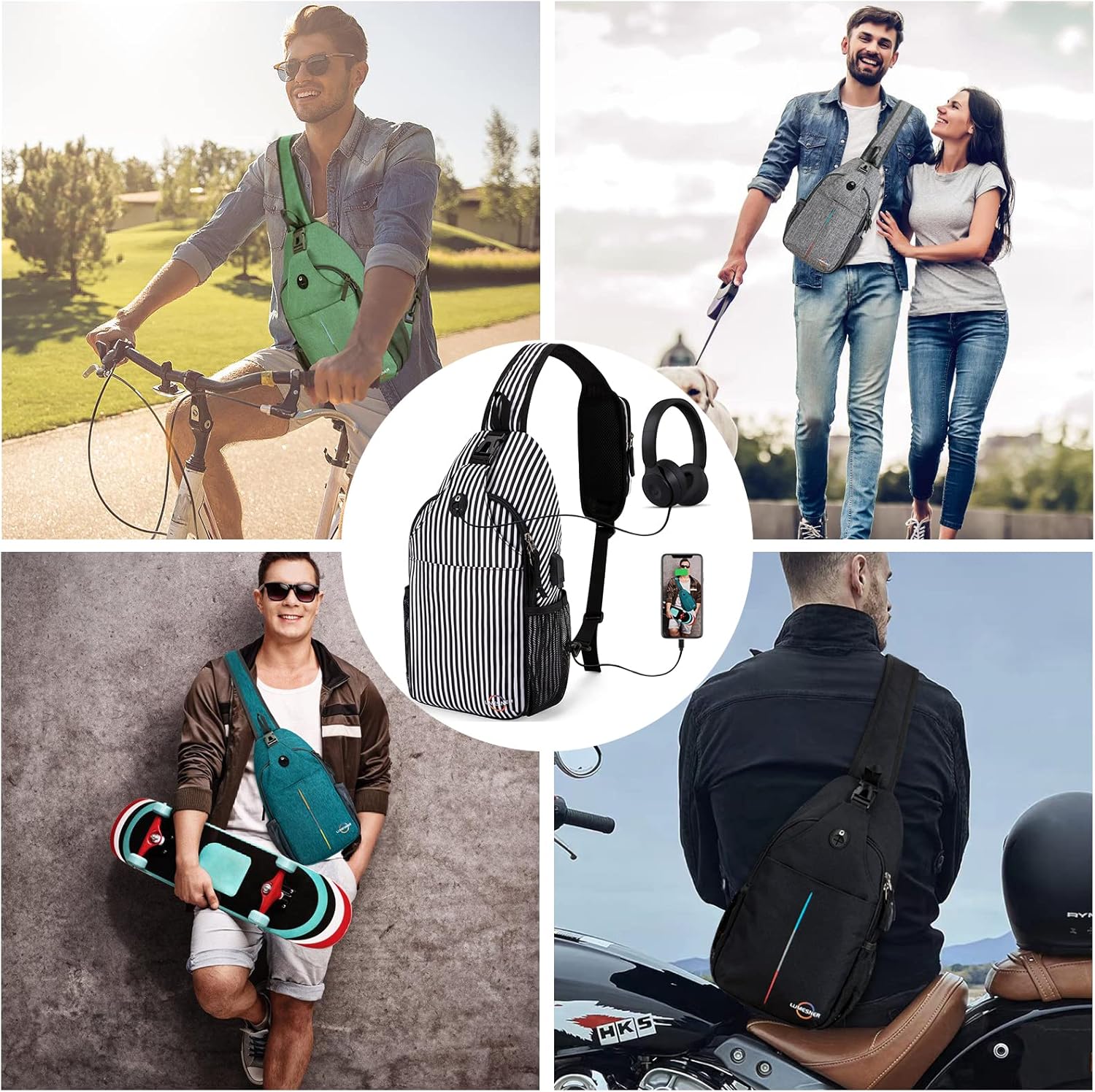 Lumesner Mochila cruzada con puerto de carga USB, bolsa de hombro de senderismo, bolsa de pecho para senderismo, caminata, viajes