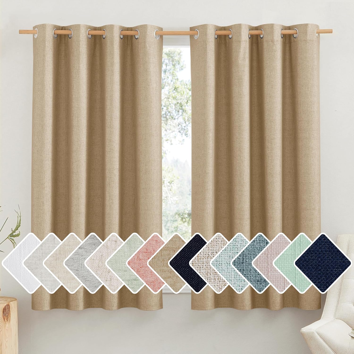 NICETOWN Cortinas de lino 100% absolutamente opacas con forro blanco aislado térmico, camello, 52 pulgadas de ancho por 63 pulgadas de largo, 2