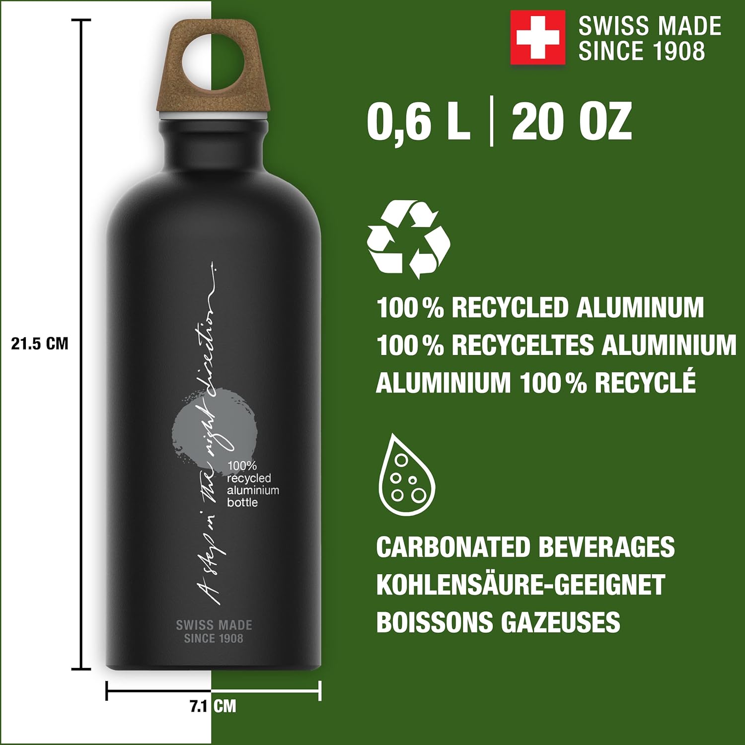 Botella de agua de metal reciclado, Traveller MyPlanet, fabricada en Suiza, bebidas carbonatadas, ligera, 20, 34 onzas