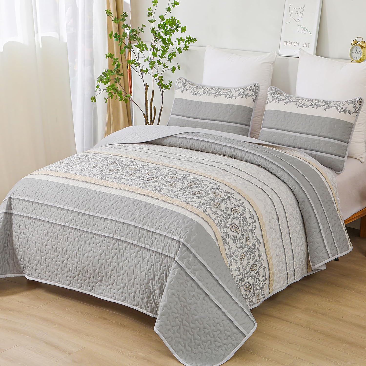 Anibedding Juego de edredón gris tamaño King de 3 piezas con estampado de cachemira, reversible, bohemio, a rayas, con 2 fundas de almohada, para