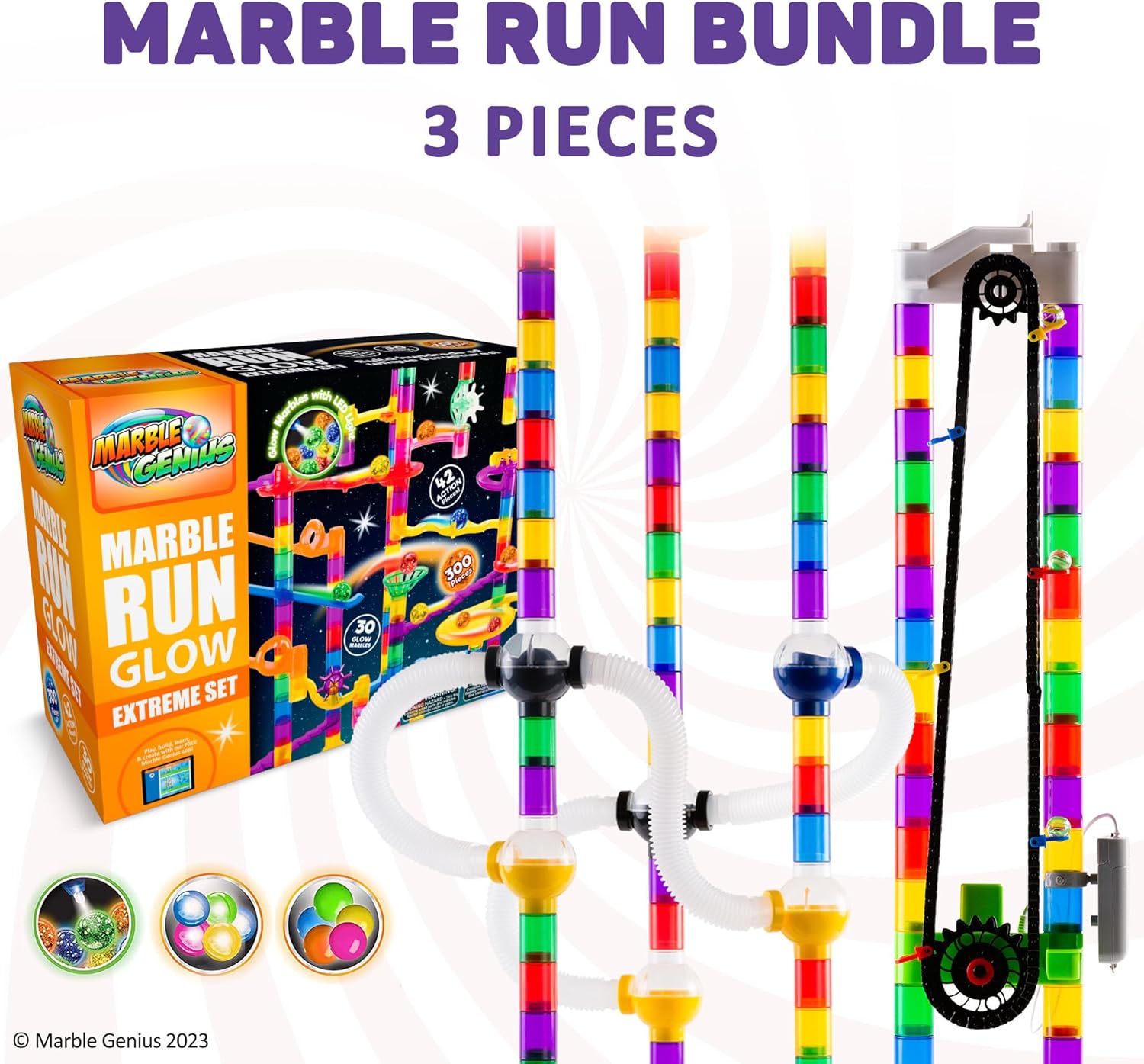 Marble Genius Paquete Glow Extreme Set (300 piezas), elevación automática de cadena, tubos de canica y accesorios de esferas, perfecto para niños y