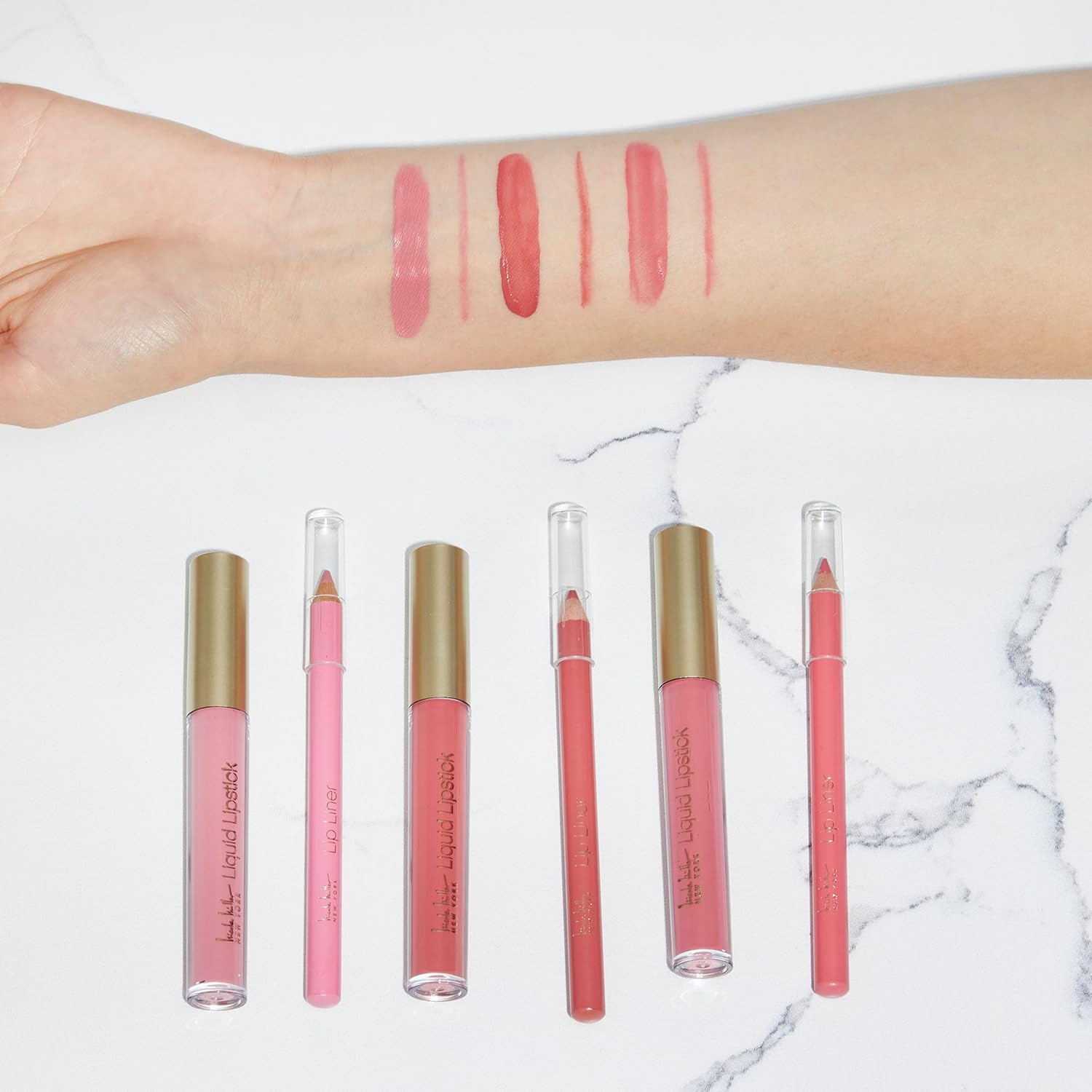 Nicole Miller Colección Liquid Lipstick & Liner  Juego de 8 piezas  4 lápices labiales líquidos y 4 delineadores de labios en varios tonos para