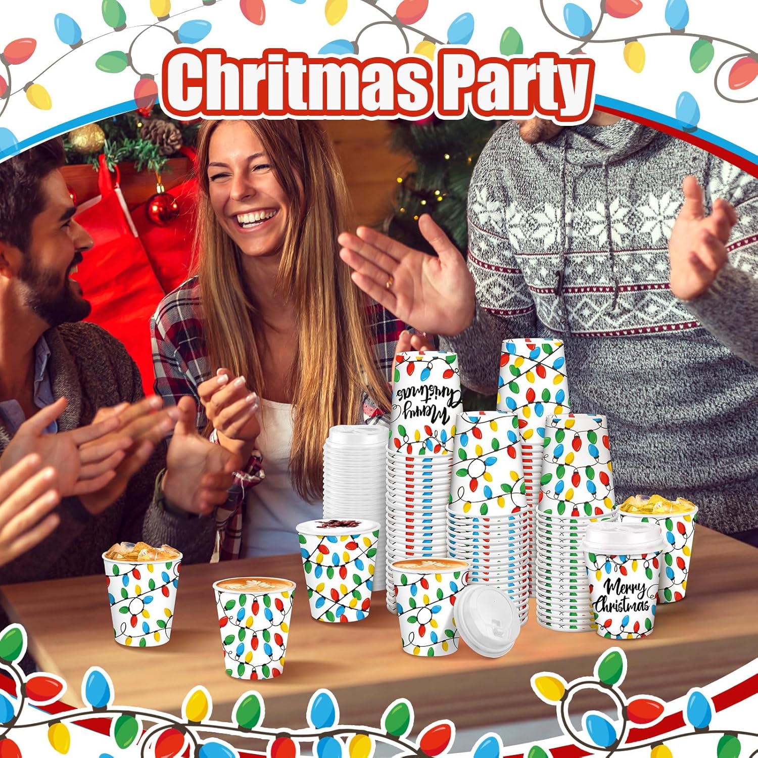 Funtery 100 vasos de papel de Navidad, tazas de café desechables, bombillas aisladas, tazas de papel de café con tapas, tazas de 9 onzas para beber