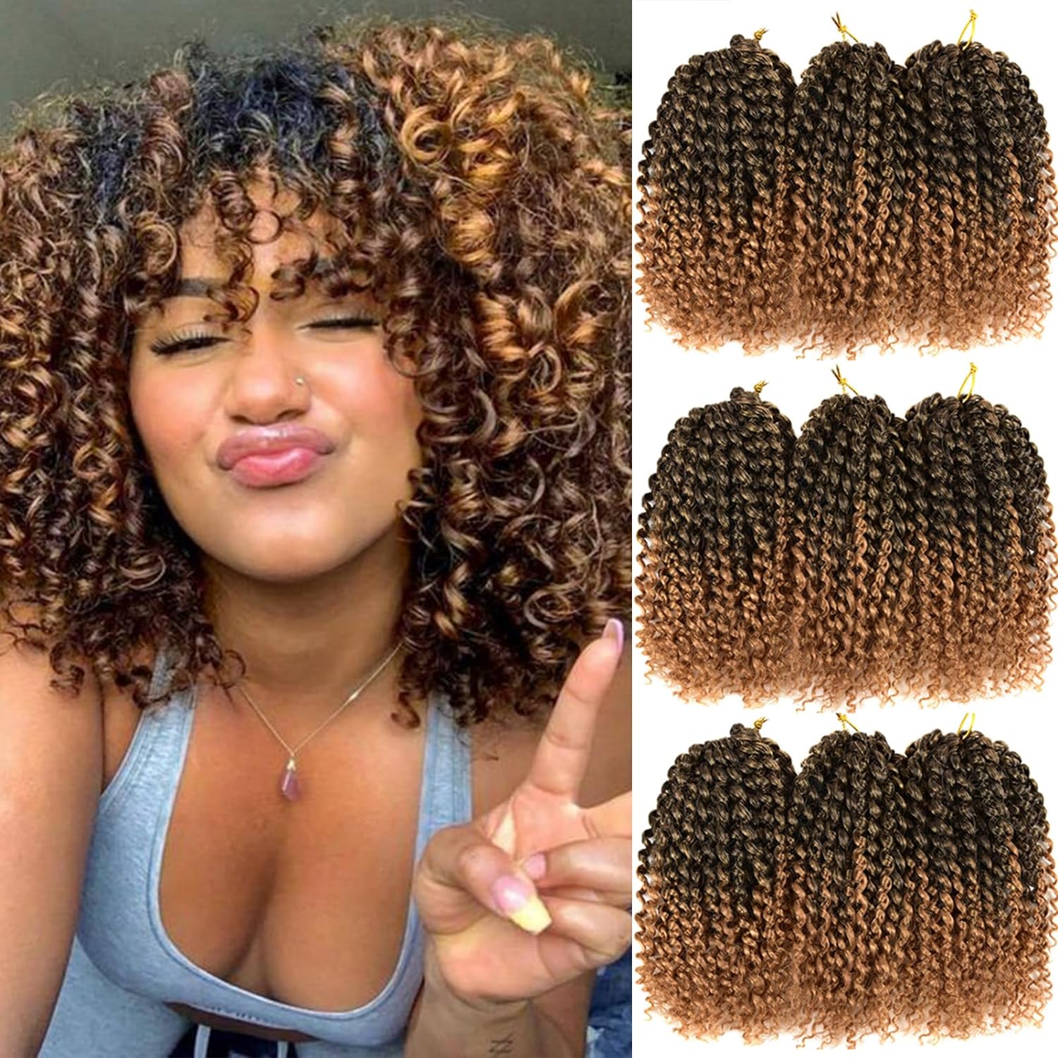 HVN-KVVM Cabello rizado corto de ganchillo de 8 pulgadas, color marrón y rubio, para mujeres negras (9 paquetes, 1B27)
