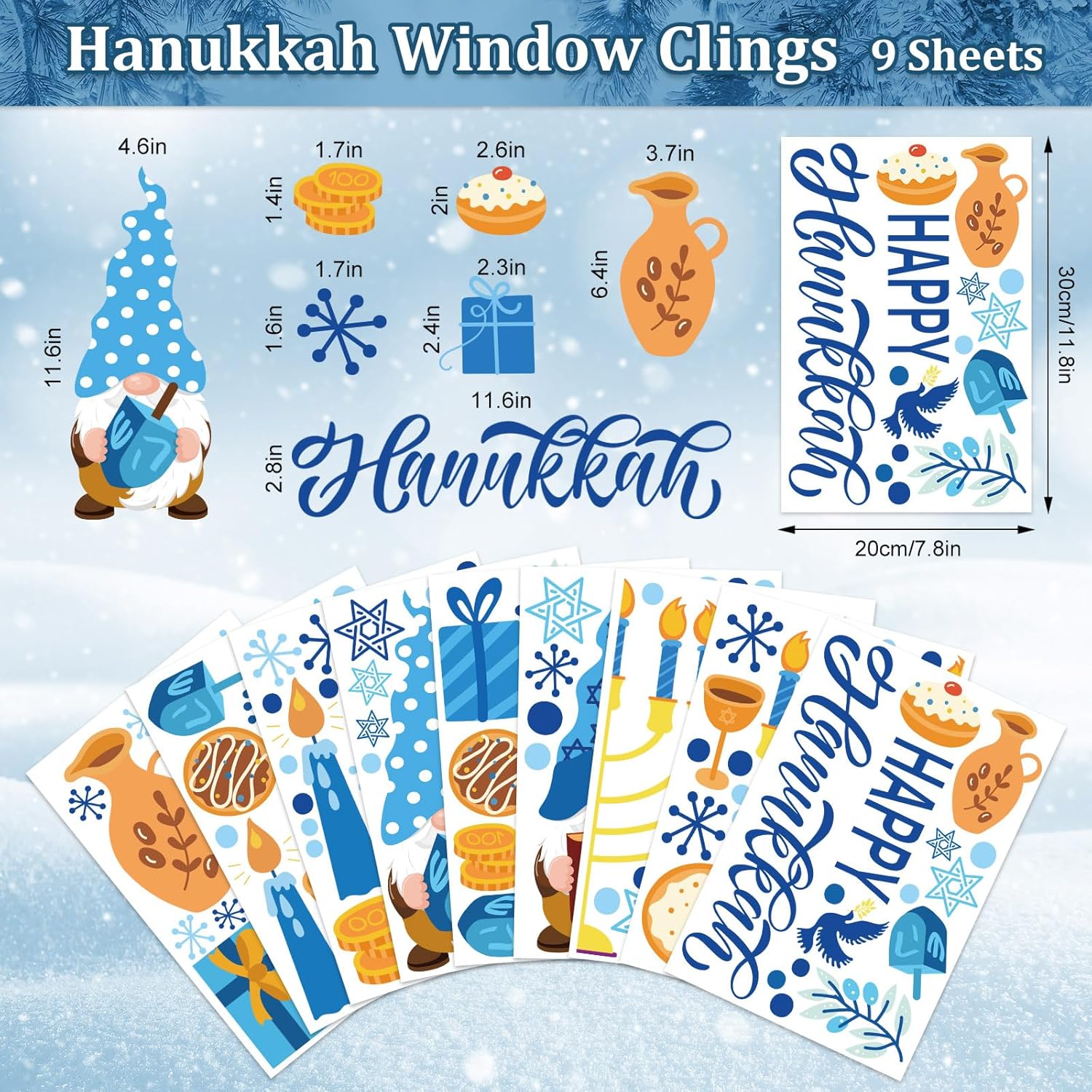 Whaline 151 calcomanías de ventana de Hanukkah de doble cara con diseño de gnomo de estrella de menorá azul-dorado, calcomanías de ventana con