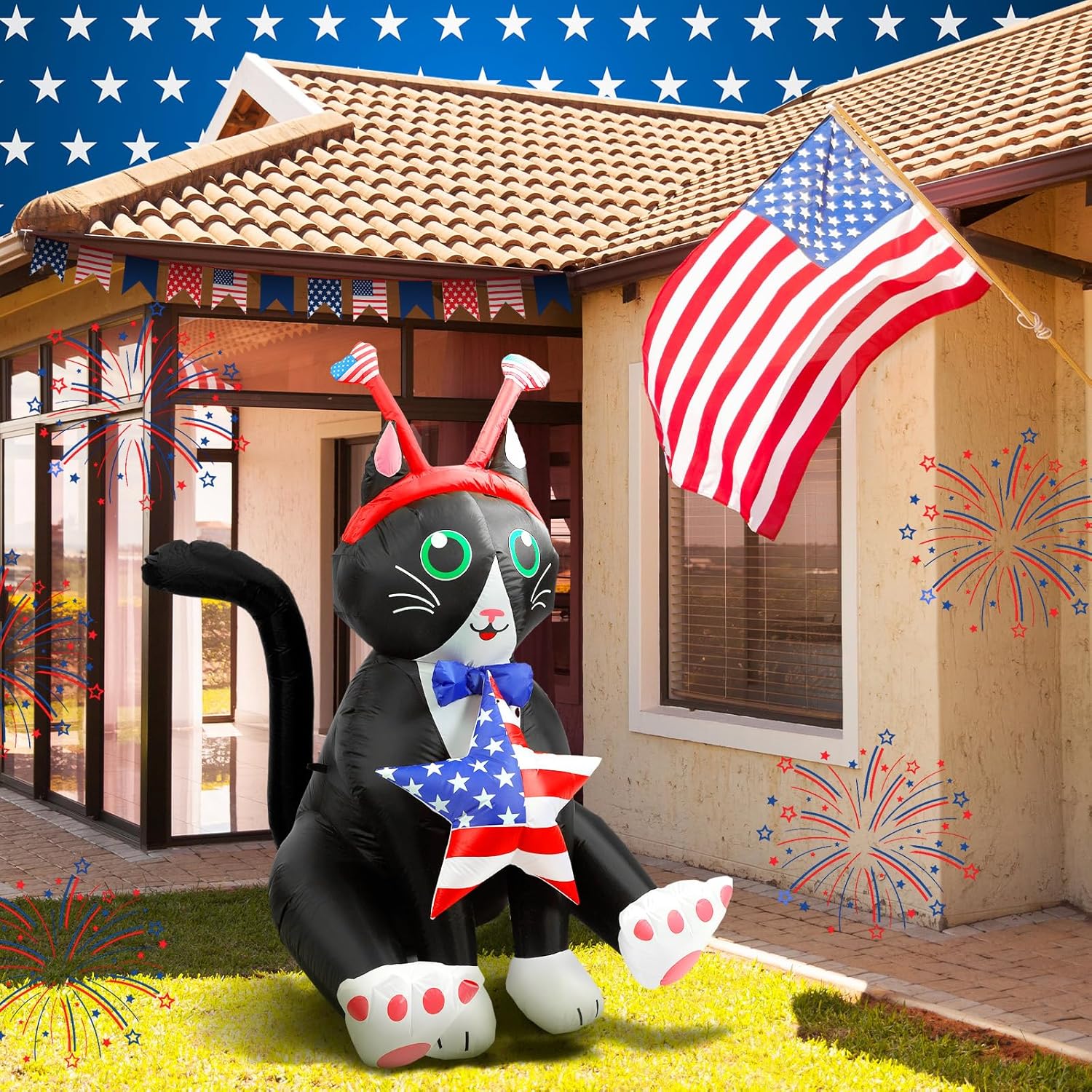 Inflables patrióticos de gato de 5 pies de altura con luces LED integradas para el Día de la Independencia, decoración al aire libre para fiesta del
