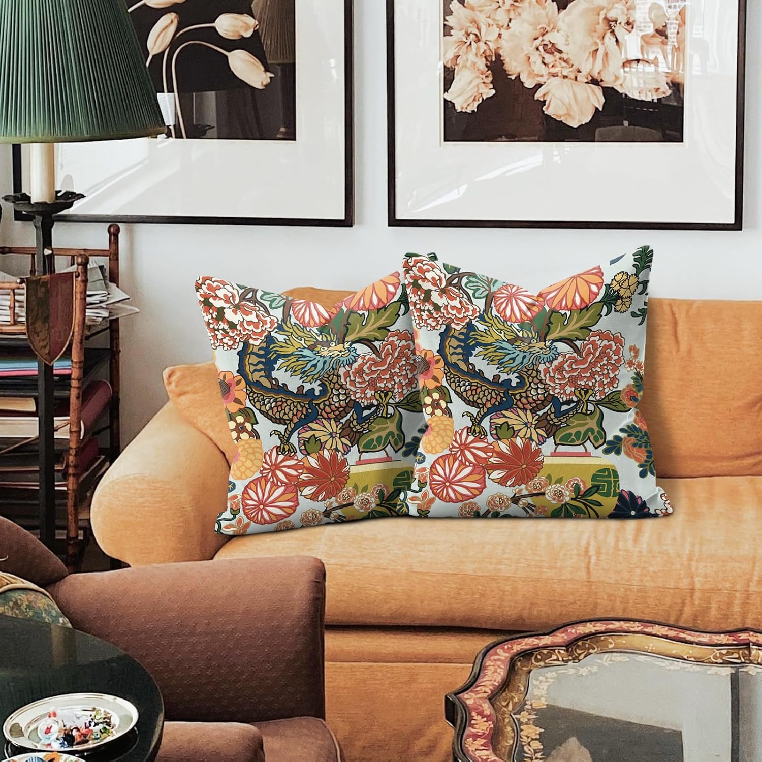 WWH Chinoiserie – Juego de 2 fundas de almohada de dragón de 18 x 18 pulgadas, fundas de almohada decorativas para sofá, sala de estar, cama, fundas