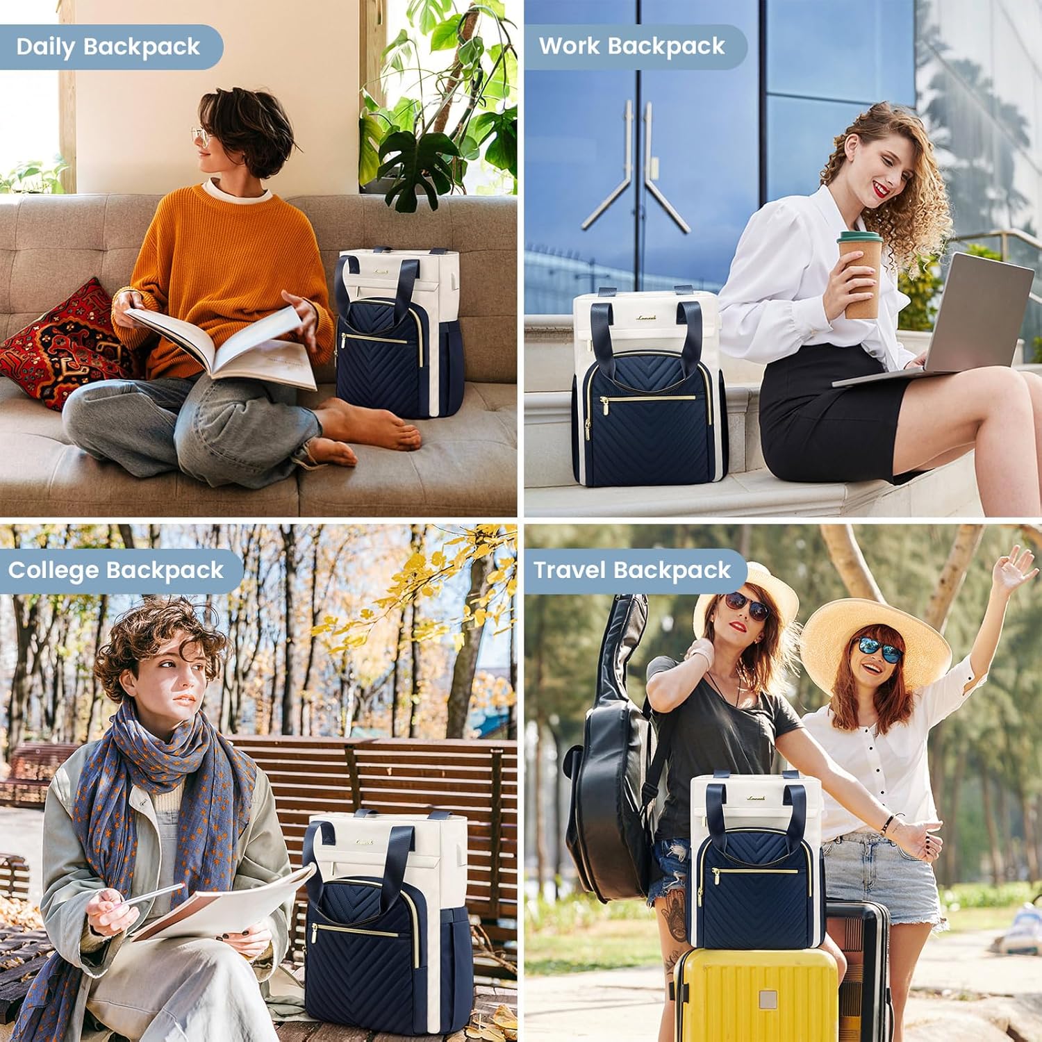 LOVEVOOK Mochila para laptop para mujer, bolsa de mano abierta para profesores, enfermeras, bolsa de mano de trabajo de 15.6 pulgadas, Azul, blanco,