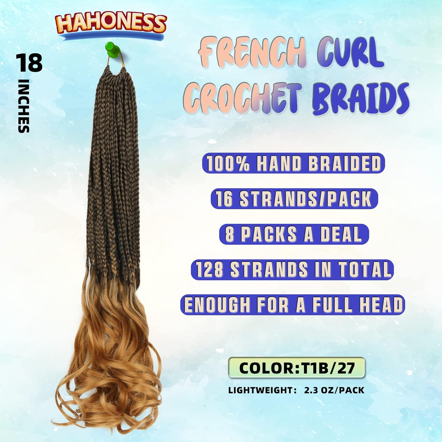 Paquete de 8 trenzas de ganchillo rizadas francesas para mujeres de color, 18 pulgadas, paquete de 8 trenzas de caja diosa, extensiones de cabello