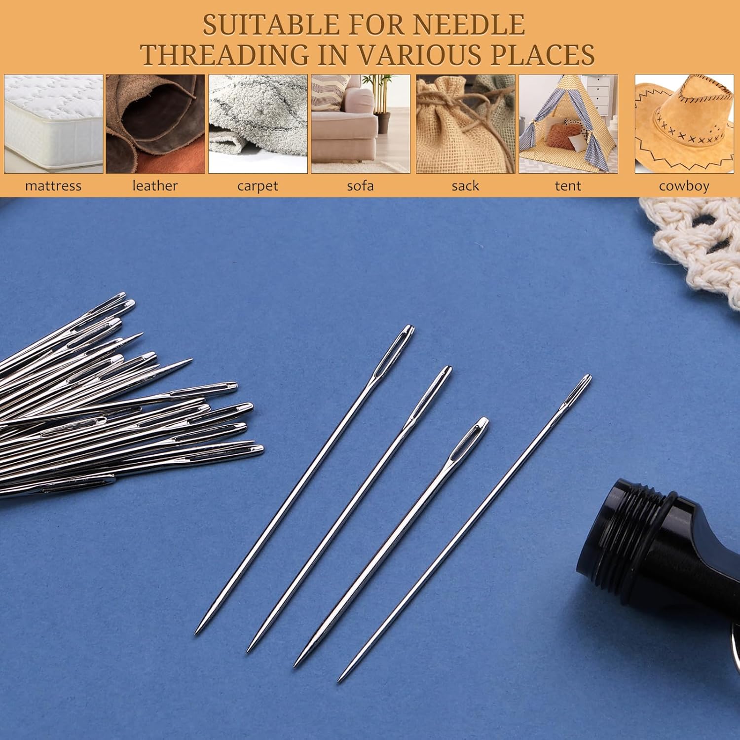 30 agujas de coser grandes para ojos, 6 tamaños, agujas afiladas de acero inoxidable, agujas de bordado de ojos grandes para coser a mano con 2