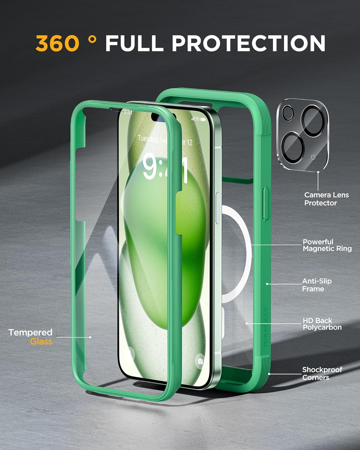 Miracase Glass Series – Funda para iPhone 15 compatible con MagSafe Funda magnética de cuerpo completo con protector de pantalla integrado de vidrio