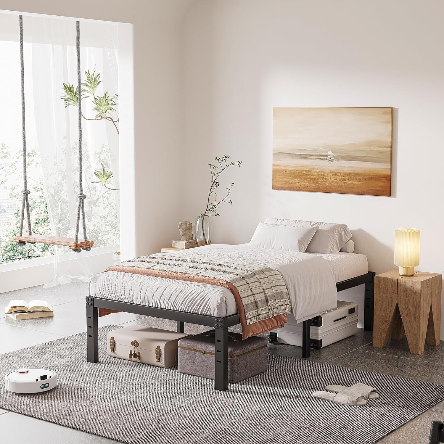 Cleaniago Marco de cama de tamaño individual, soporte de listones de madera, 16 pulgadas de alto, resistente soporte de 3500 libras para colchón, no