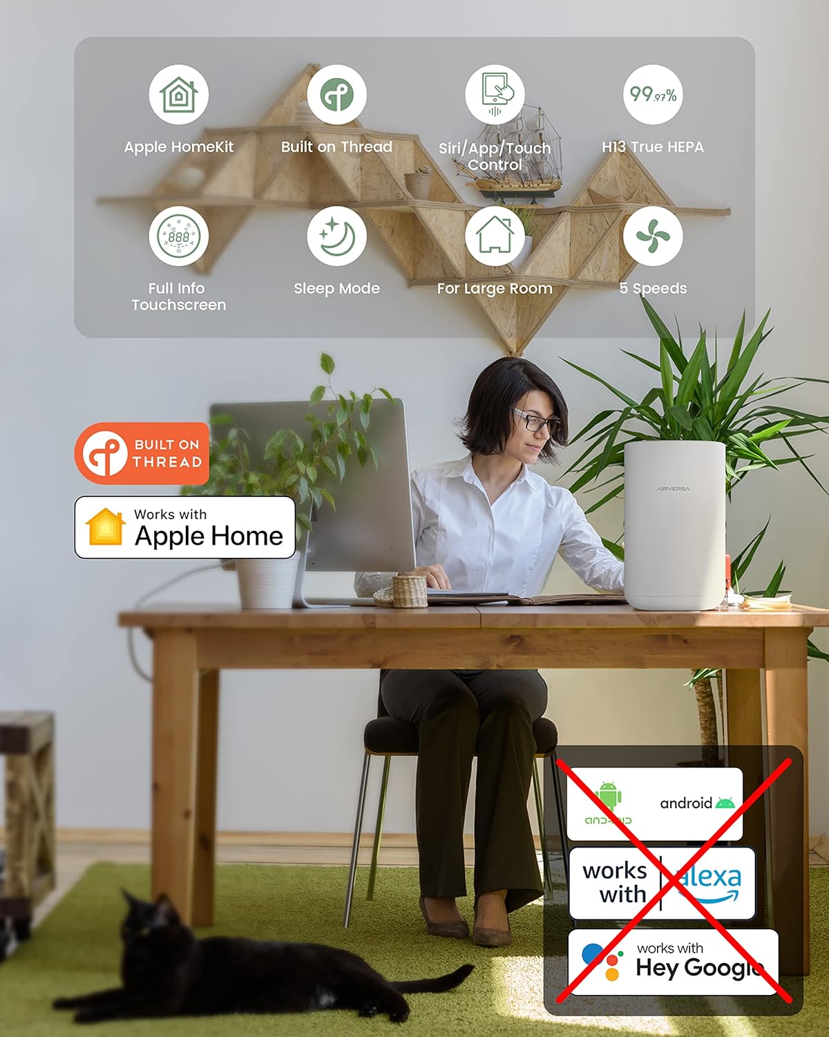 HomeKit Purificador de aire sobre hilo funciona con Apple Home (requiere Apple Home Hub) 3 etapas H13 True HEPA Smart Air Cleaner 1000 pies