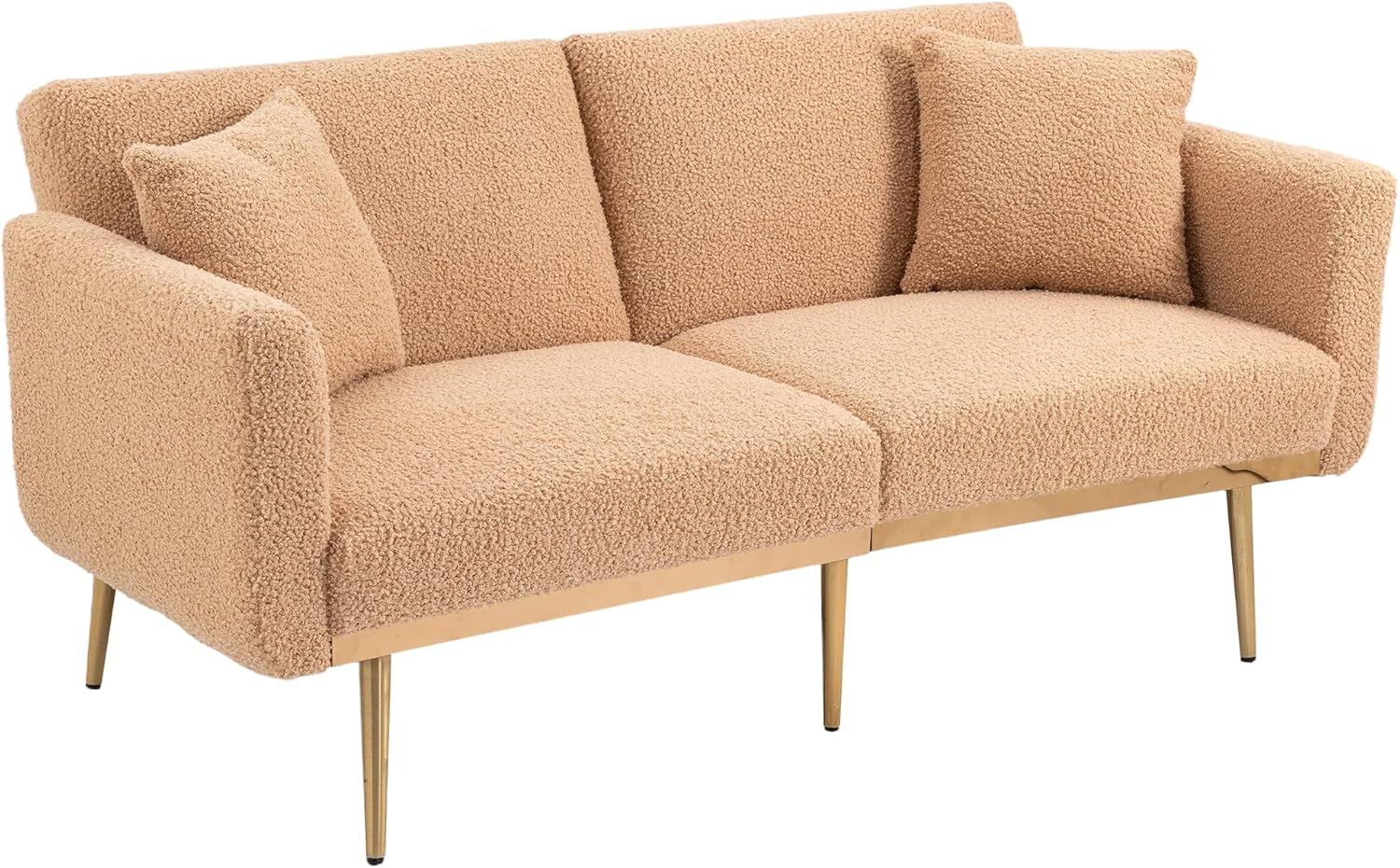 Kakotito Sofá biplaza de terciopelo moderno de mediados de siglo, sofá pequeño con 7 patas de metal dorado (Camel Teddy)