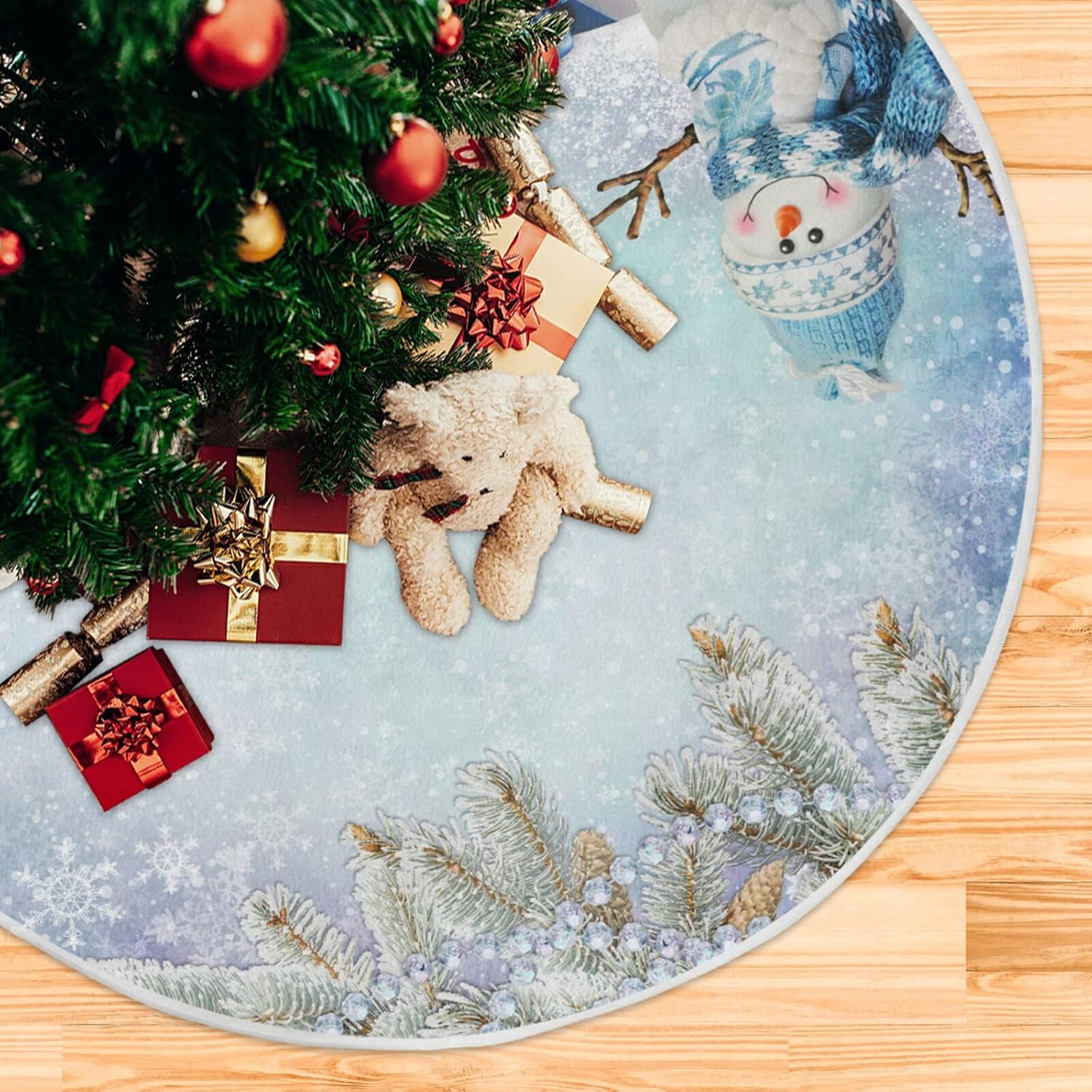 Aflyko Falda de árbol de Navidad, muñeco de nieve de fantasía, color azul plateado, base para árbol de Navidad, fiesta, hogar, sala de estar,