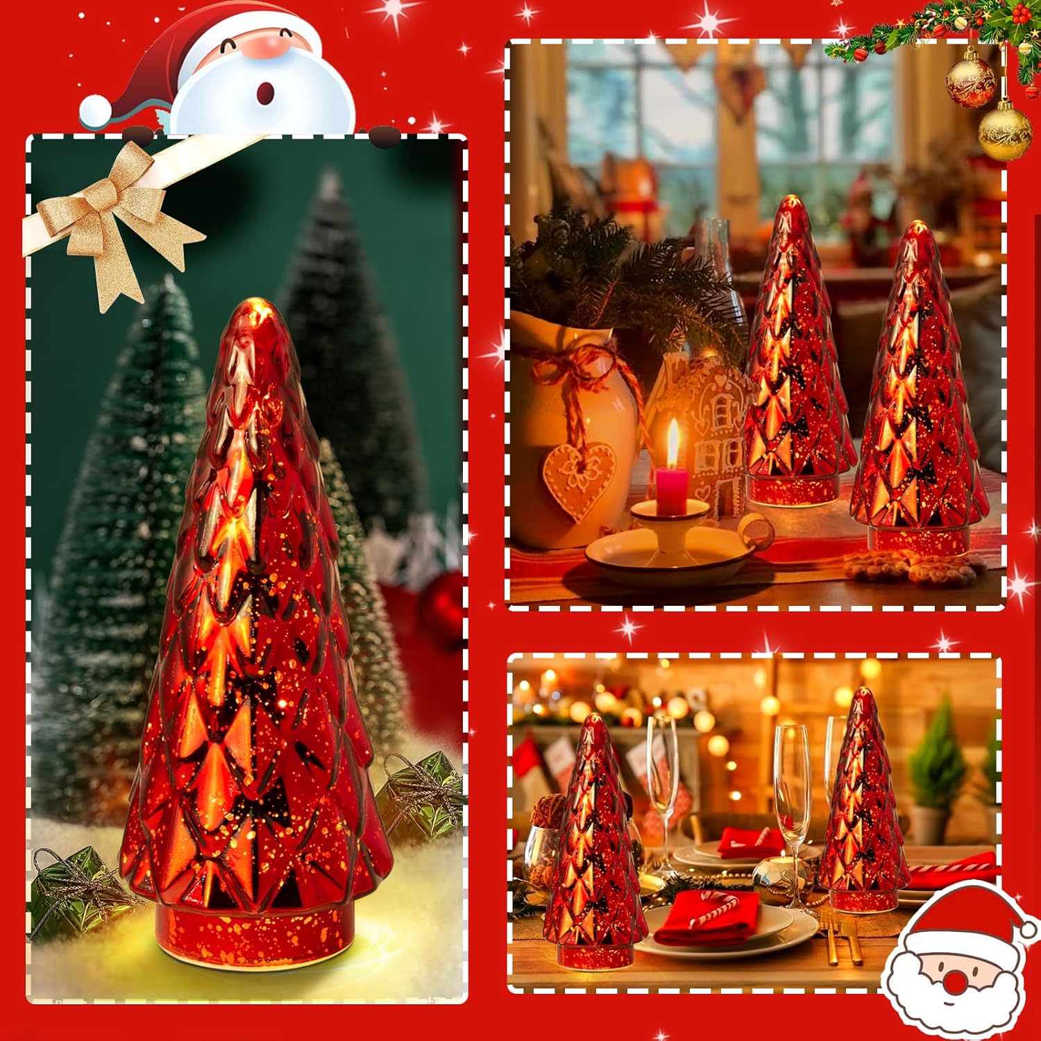 Árbol de Navidad de vidrio de mercurio, paquete de 2 decoraciones iluminadas para árbol de Navidad, centro de mesa de vacaciones, funciona con pilas