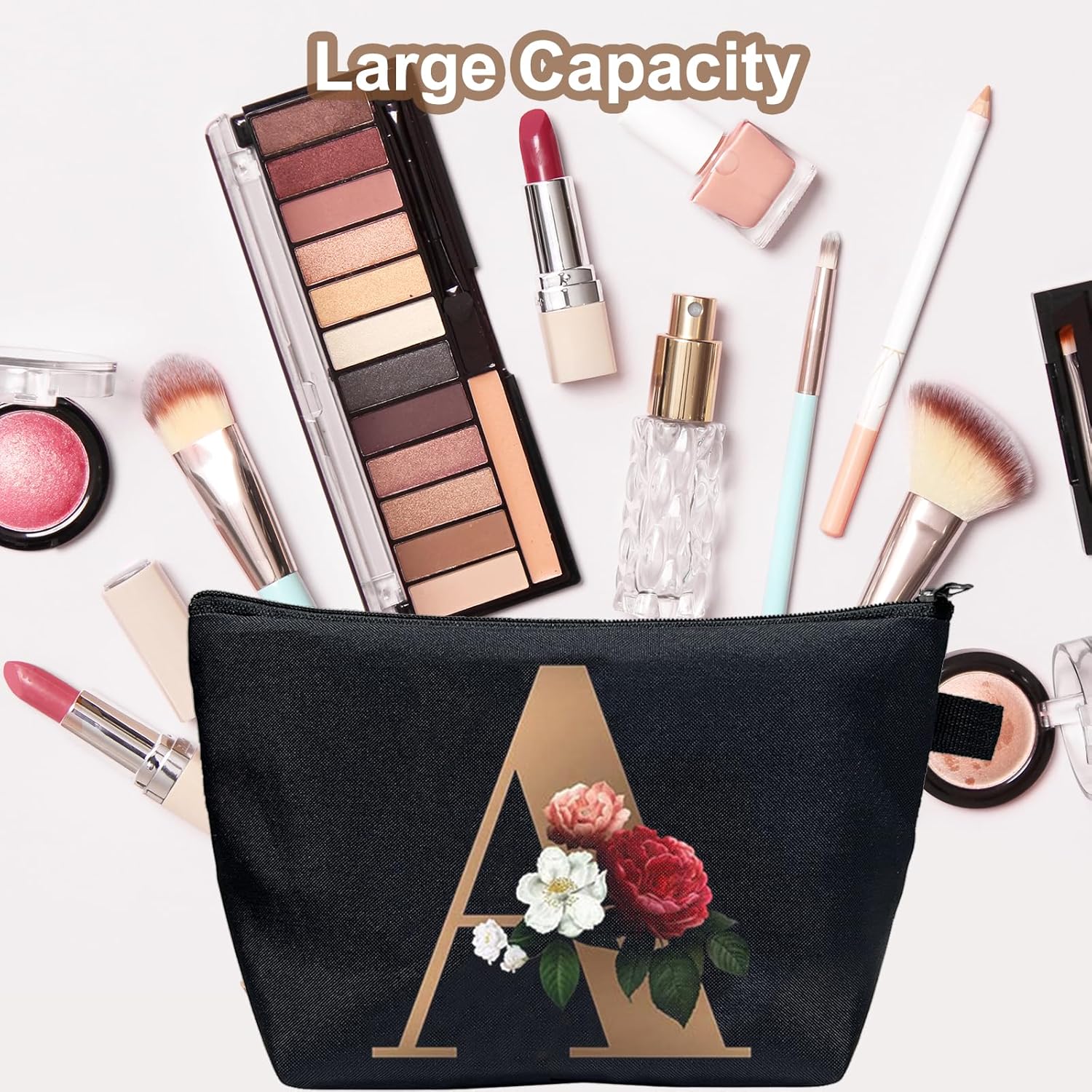 CTNUOBEE Bolsa de comestic con letras del alfabeto dorado con bolsa de maquillaje de flores, bolsa de viaje portátil con cremallera, bolsa de aseo