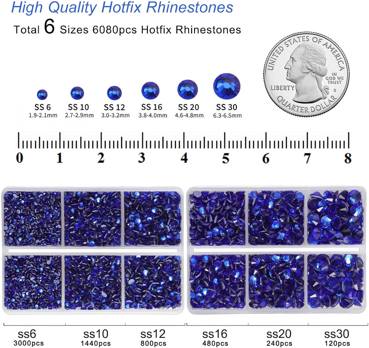 BEADSLAND Hotfix – 6080 diamantes de imitación azul oscuro para ropa y manualidades, mezclados en 6 tamaños con kit de lápiz de cera y pinzas,