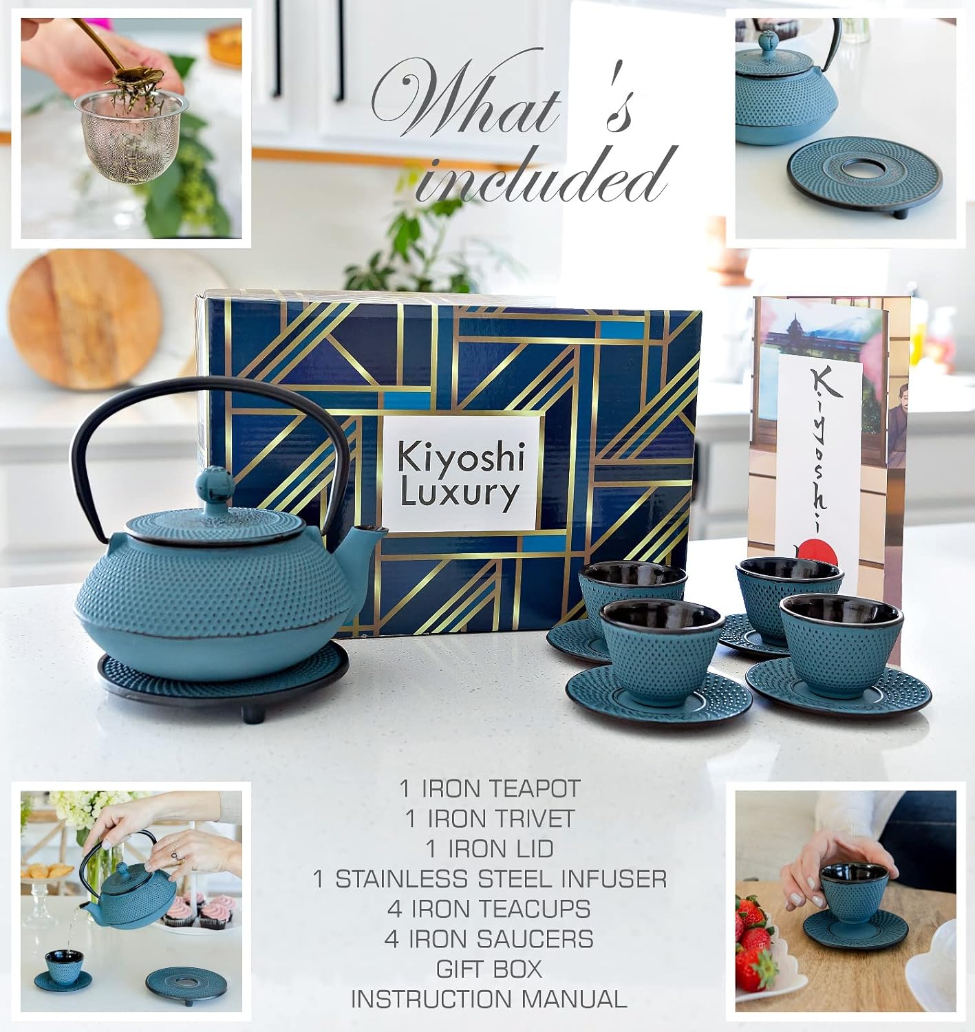 Juego de té japonés grande de 11 piezas “KONJOU Blue” Olla de té de hierro fundido de 26 onzas con 4 tazas de té (2 onzas cada una), 4 platillos,