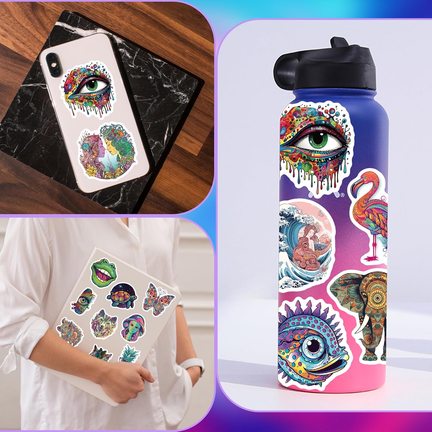 Paquete de 100 calcomanías Trippy Hippie para adultos, accesorios Trippy para adultos, botella de agua para laptop, botella de agua, taza de