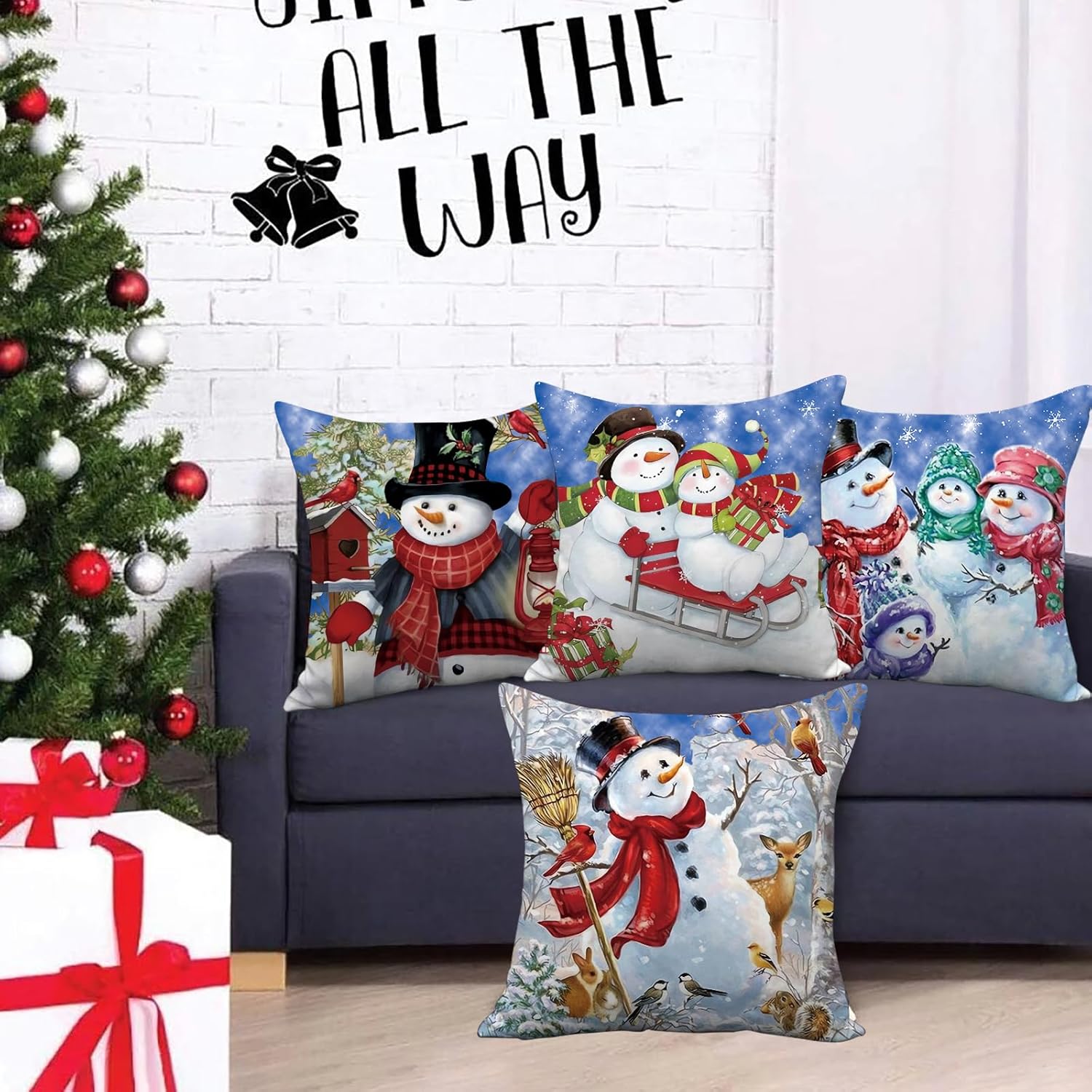 Juego de 4 fundas de almohada de muñeco de nieve de Navidad de 18 x 18 pulgadas, fundas de almohada de terciopelo suave para sala de estar,
