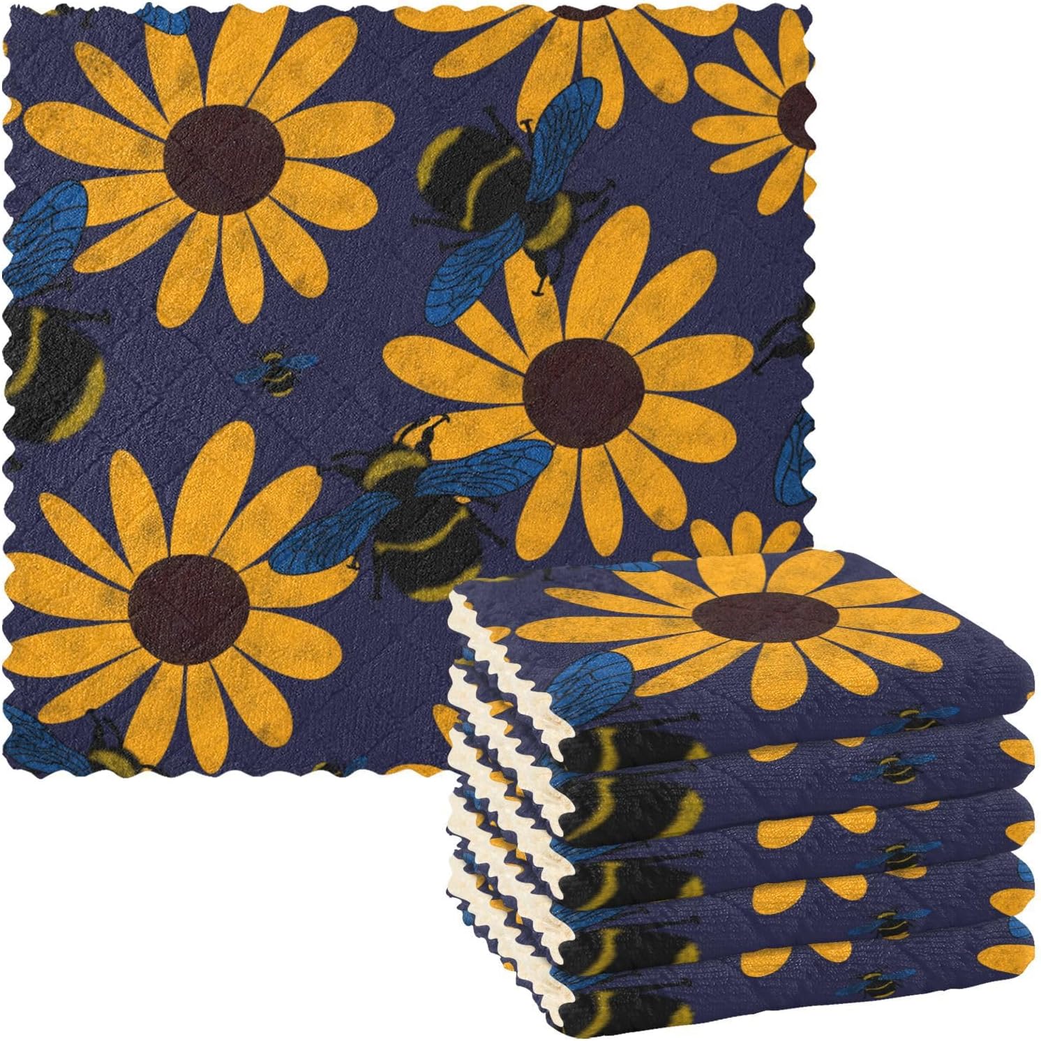 FRODOTGV Summer Floral Bees Happy Blue Cotton Decor Microfiber Towel for Kitchen Fast Drying 6 Pack Microfiber Towel for Restaurant Coffee