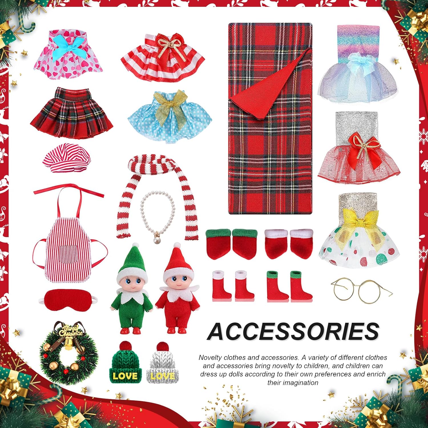 MJartoria Calendario de Adviento 2024 para niñas y niños, accesorios de Navidad para muñeca de elfo, ropa de Papá Noel, calendario de Adviento de 24